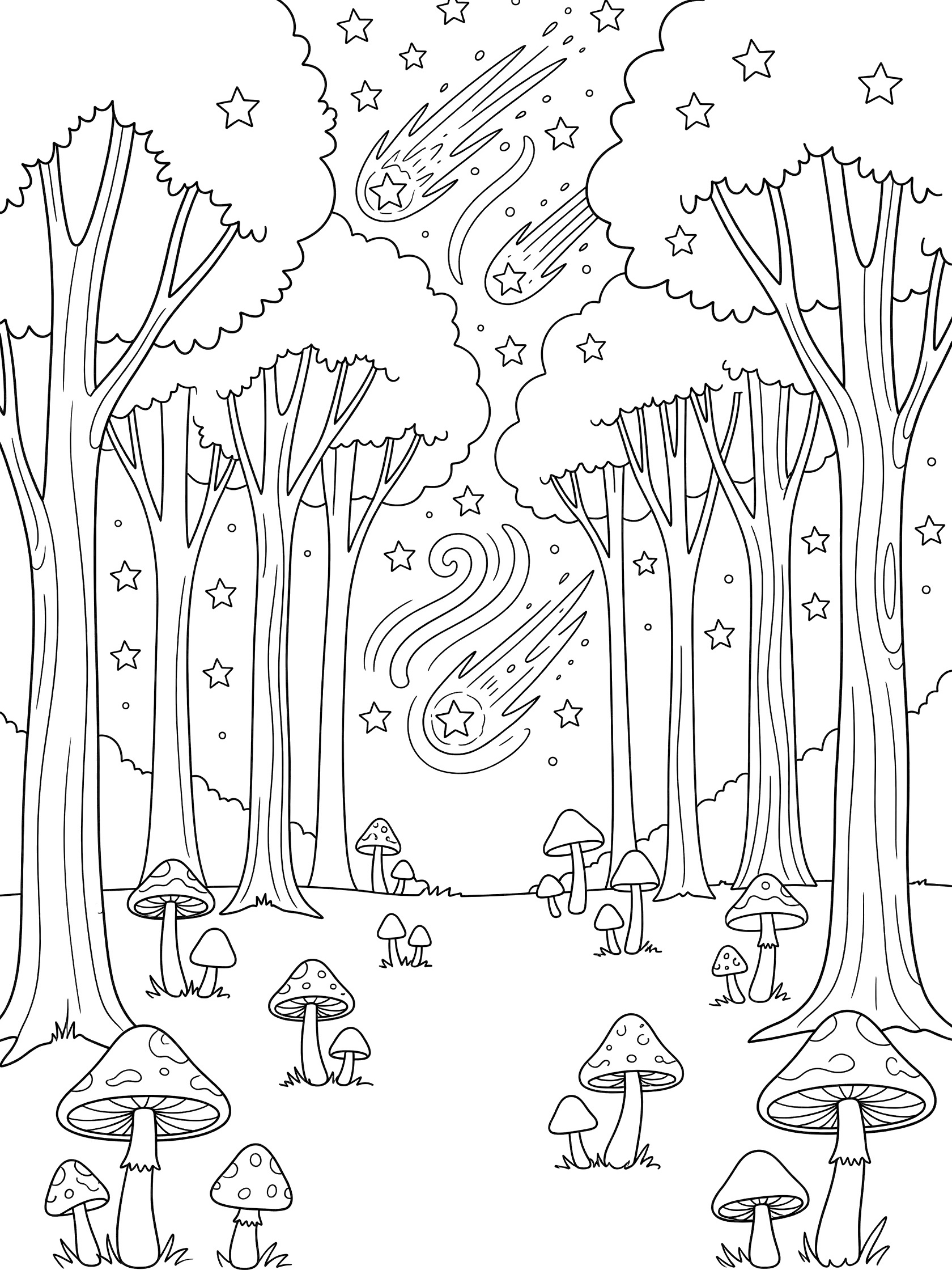 Black and white coloring page of a forest with tall trees framing a clearing, mushrooms scattered on the ground, and shooting stars streaking across the sky. Meteor Shower themed black and white printable line art