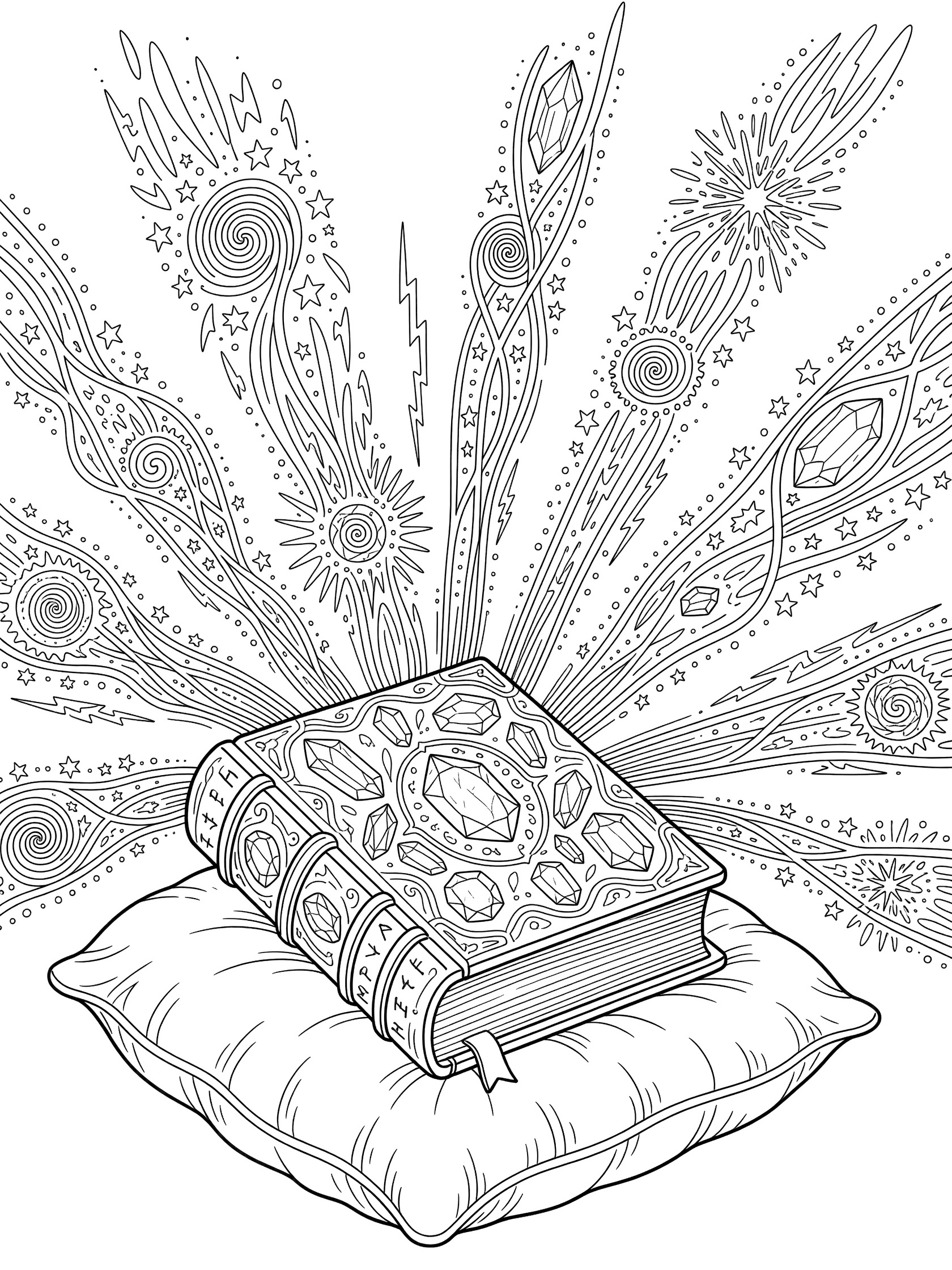 Black and white line art coloring page of an open jeweled spellbook resting on a pillow, surrounded by swirling magic beams, stars, and sparkles.