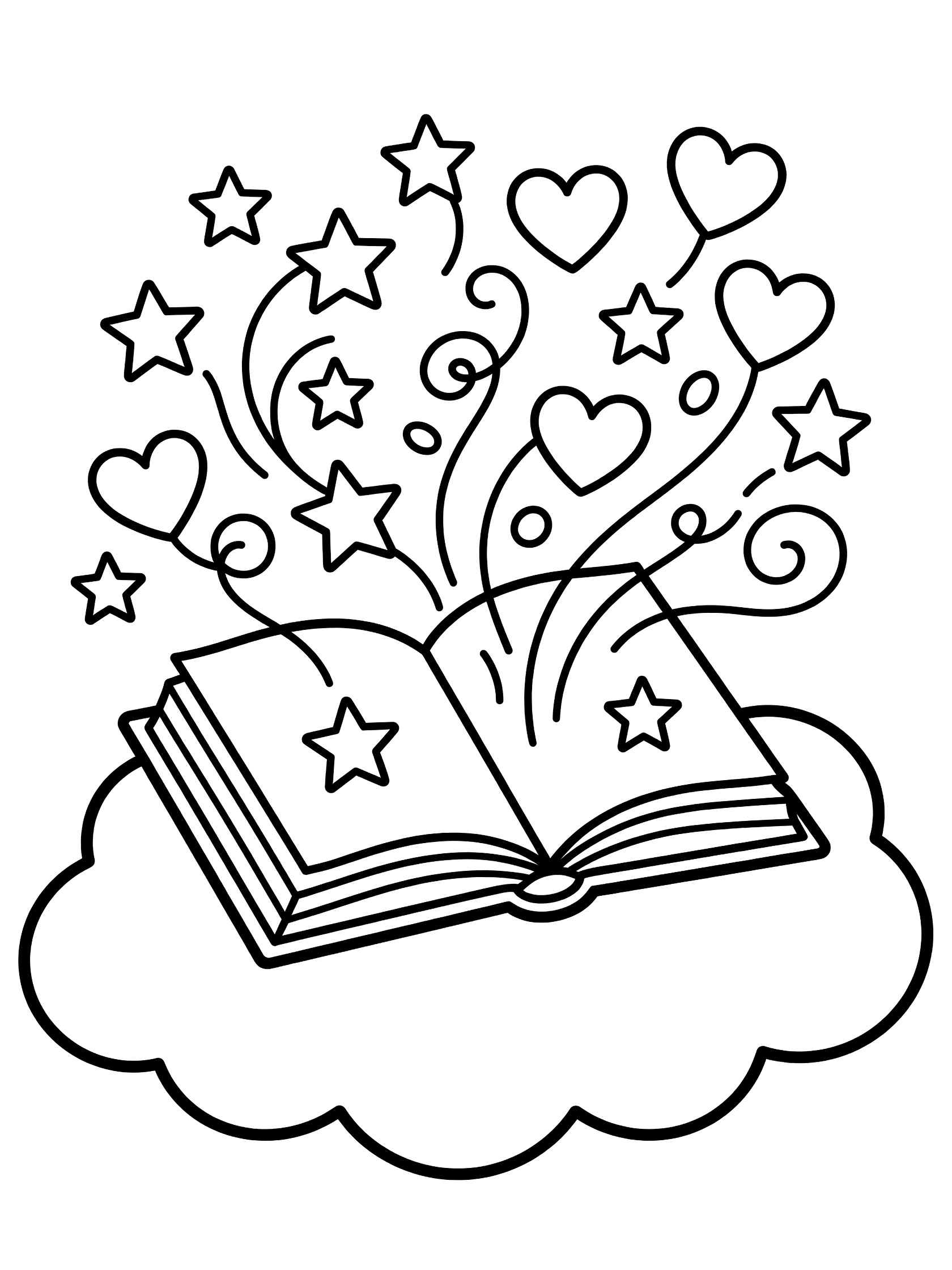 Black and white coloring page of an open spellbook on a cloud with stars, hearts, and swirly magic lines