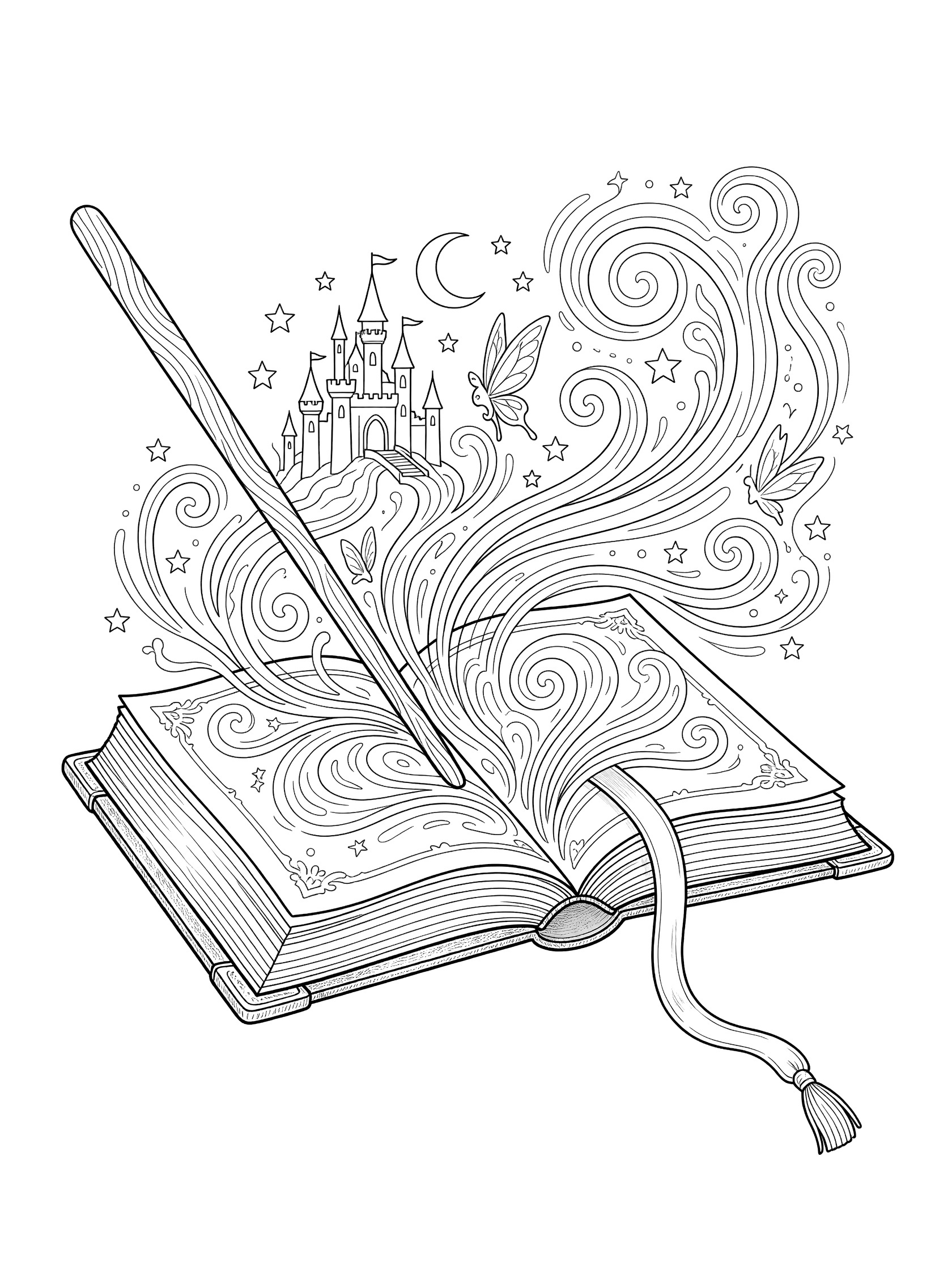 Black and white line art coloring page showing a wooden wand pointing at an open book with rising castles, swirls, stars, moon, and butterfly on a pure white background.