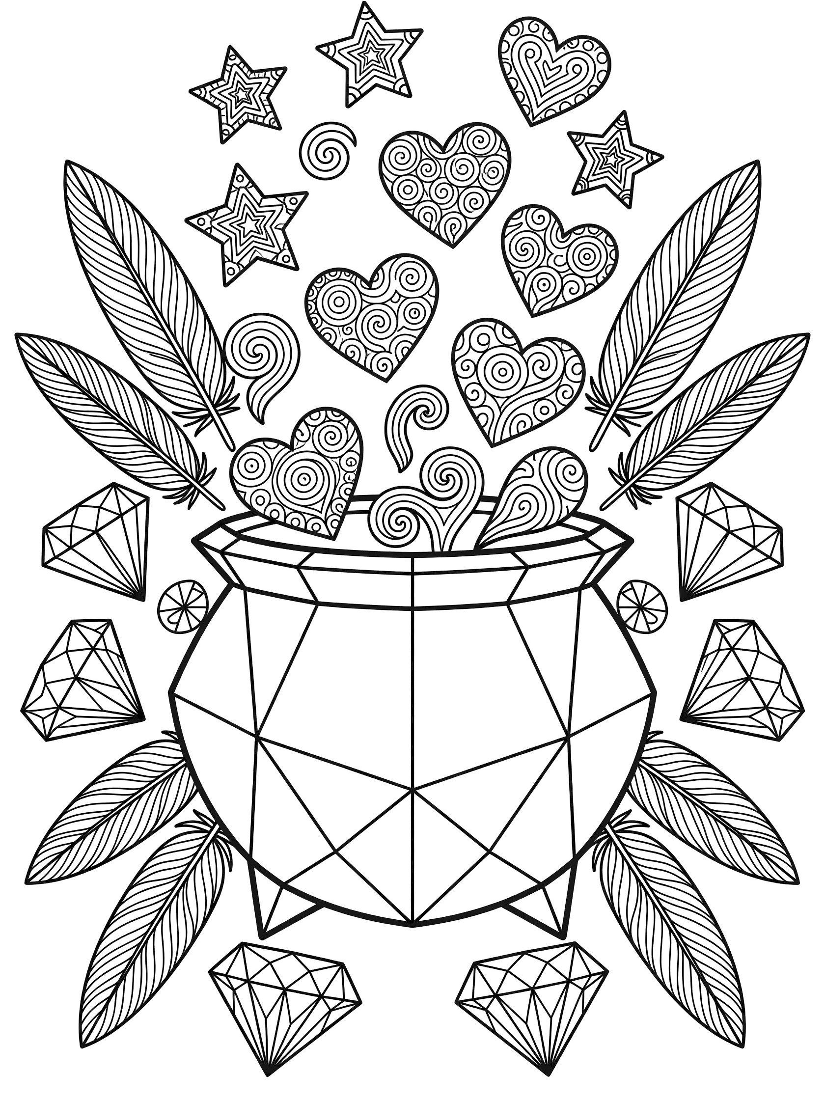 Black and white line art coloring page of a geometric pot overflowing with patterned hearts, stars, and swirls, surrounded by feathers and gems.