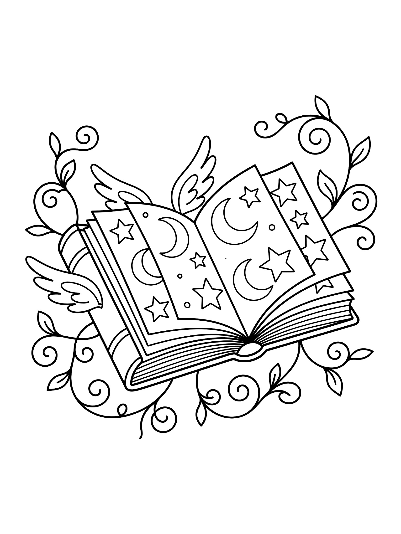 Black and white line art coloring page showing an open spellbook with small wings, flipping pages with stars and moons, surrounded by doodle vines.