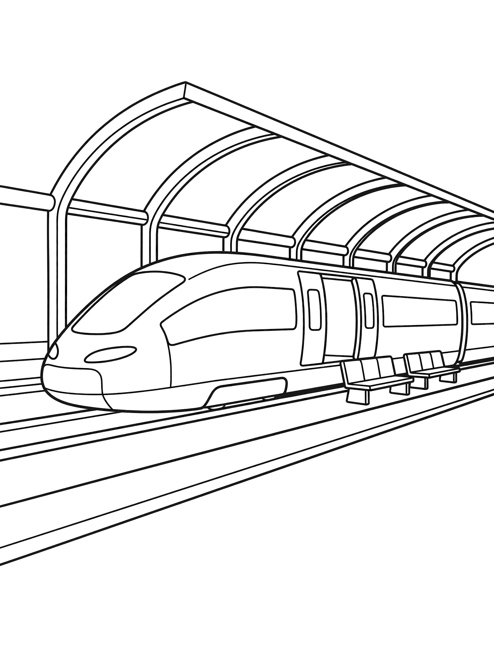 Black and white coloring page of a futuristic maglev train at a platform station with open doors, smooth panels, arched roof, and benches.