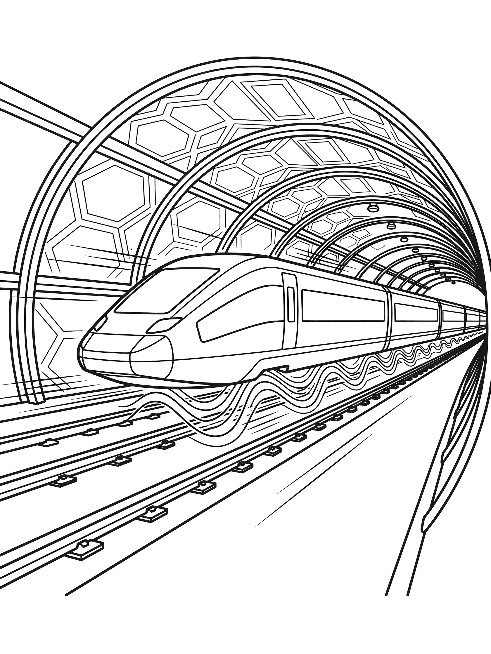 Black and white line art of a Maglev train levitating in a tunnel, side view with pointed nose, wavy energy lines below, and arched tunnel patterns.