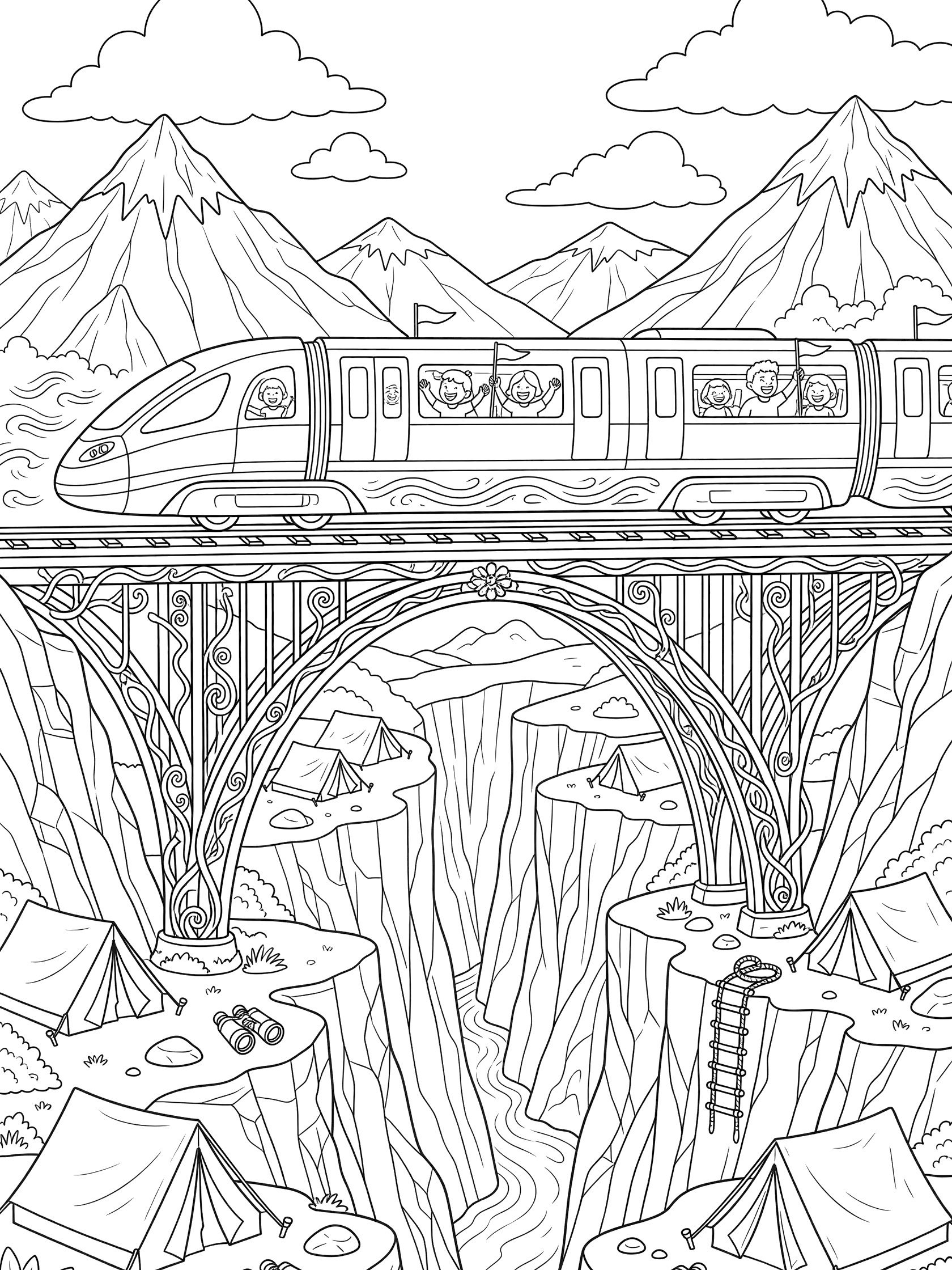 Doodle-style coloring page showing a maglev train levitating over a futuristic track on a tall arched bridge spanning a rocky river canyon with explorer tents, binoculars, jagged mountains, and fluffy clouds.