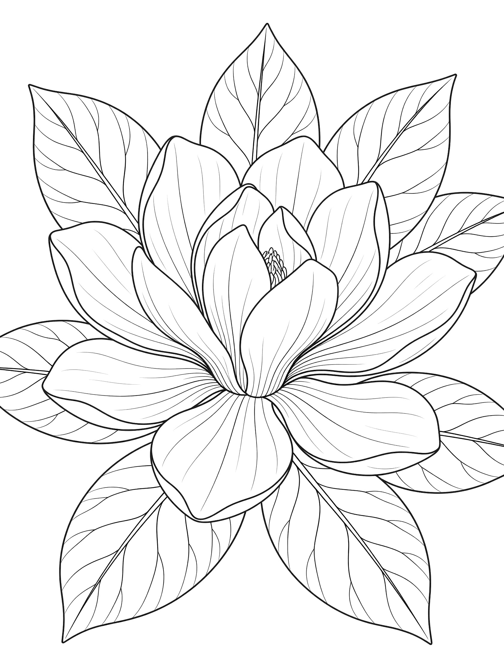 Black and white line art coloring page of a large magnolia flower with unfolding petals, center stamen, and surrounding veined leaves. Magnolia Tree themed black and white printable line art