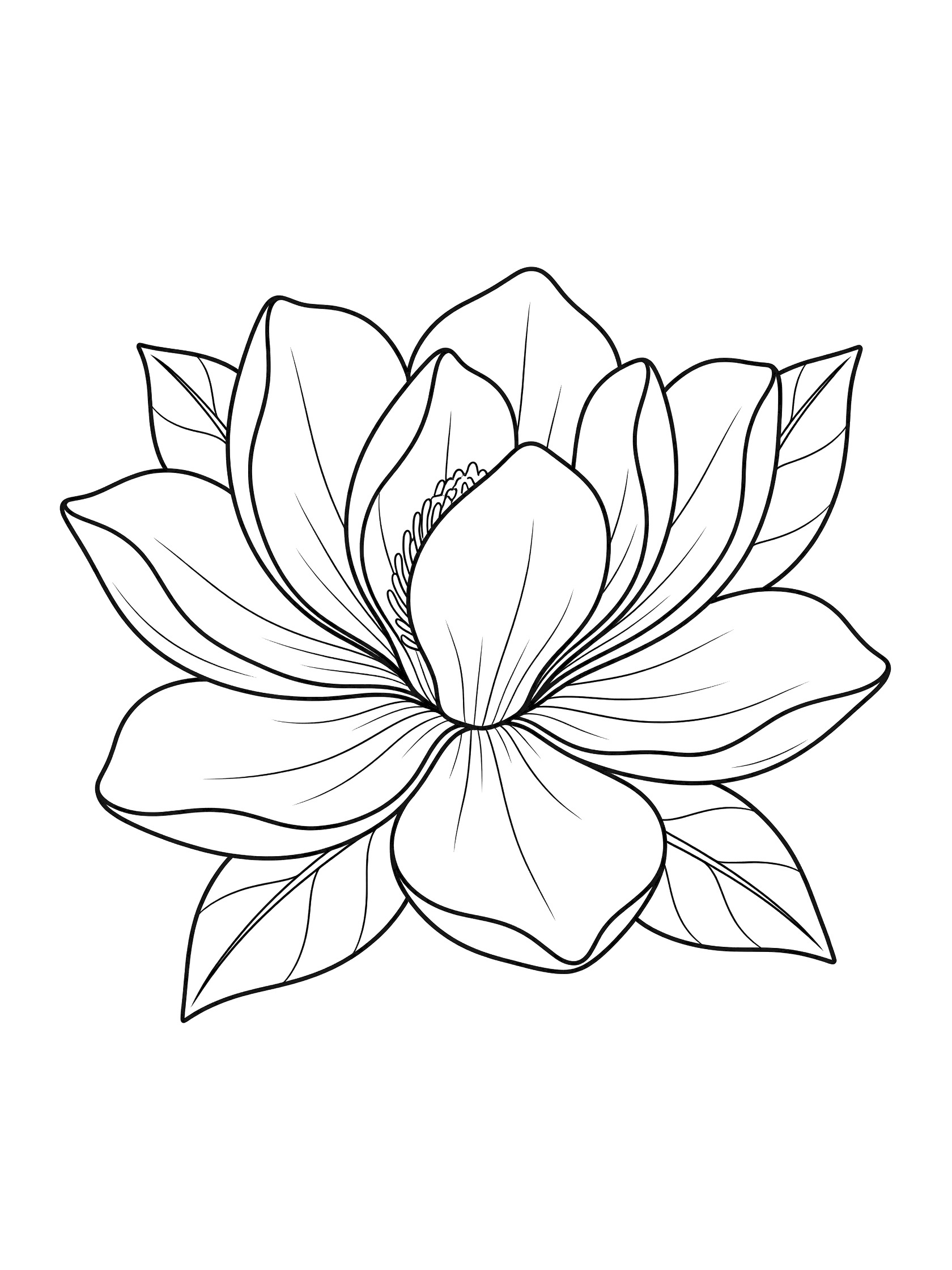 Black and white line art of a large magnolia flower with soft curved petals, prominent center, and leaf outlines at the base on white background