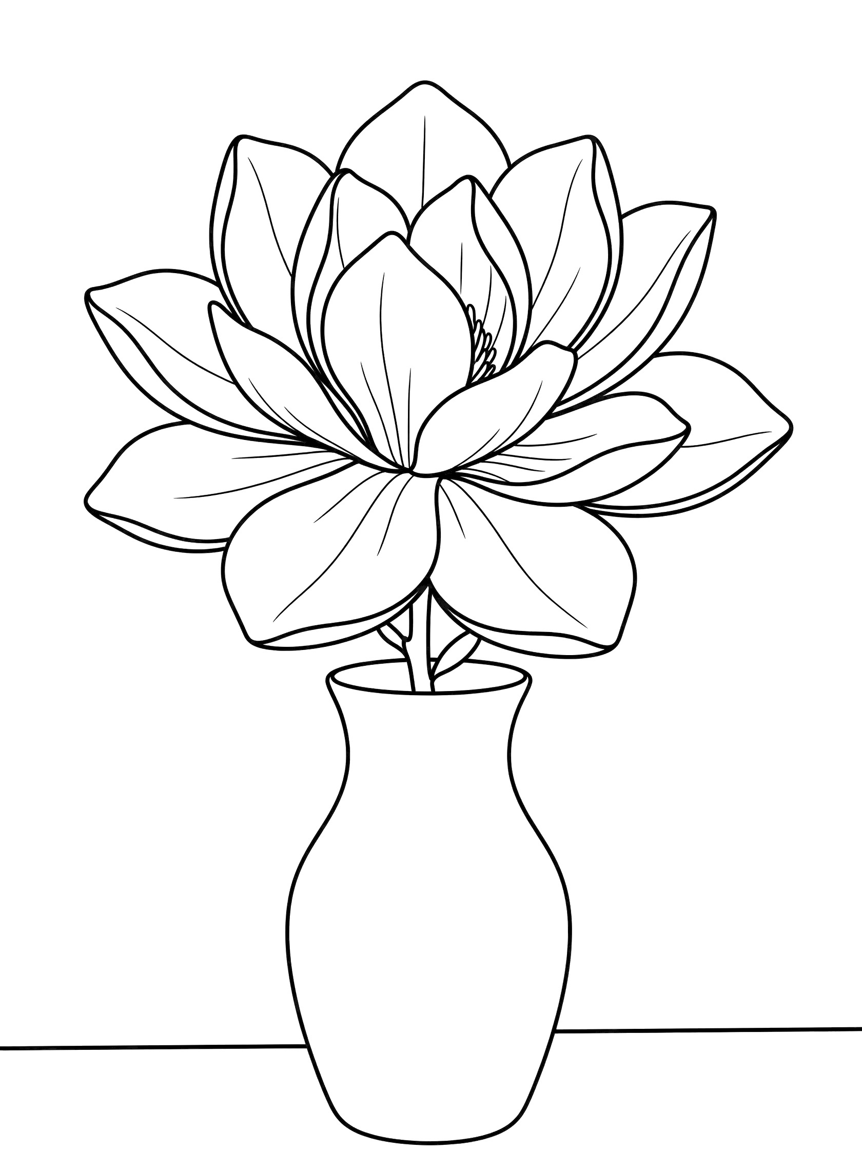 Black and white coloring page of a large magnolia flower with layered petals on a tall stem inside a simple vase.