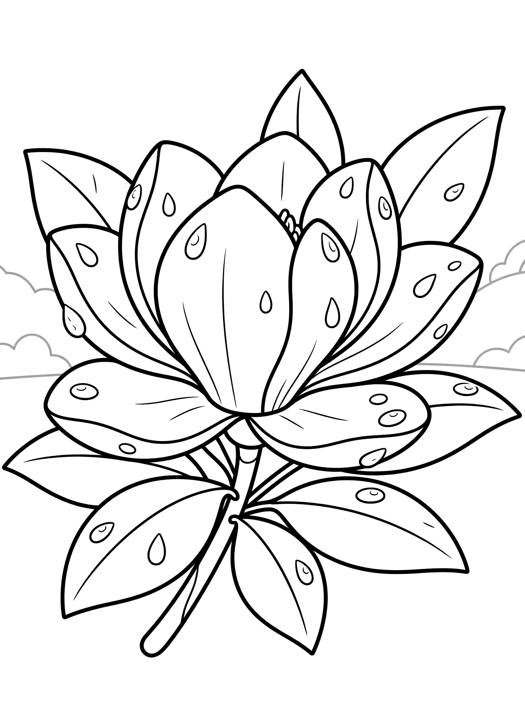 Black and white line drawing of a full magnolia flower bloom with rounded petals covered in dew drop outlines, large leaves, on white background.