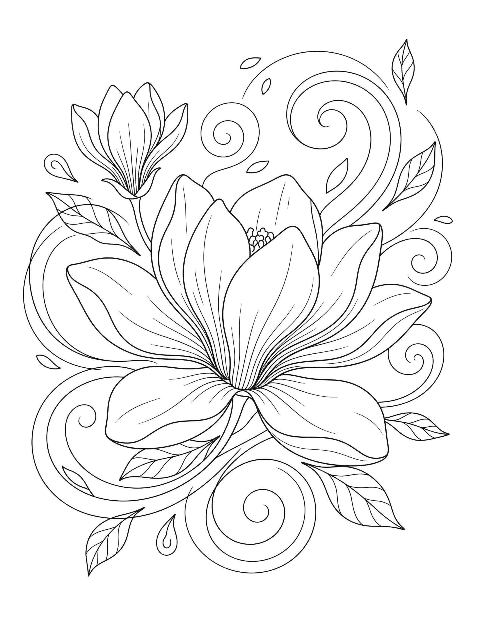 Black and white line art coloring page of large central magnolia flower with unfurling petals, smaller side flowers, scattered leaves, and swirling decorative lines.