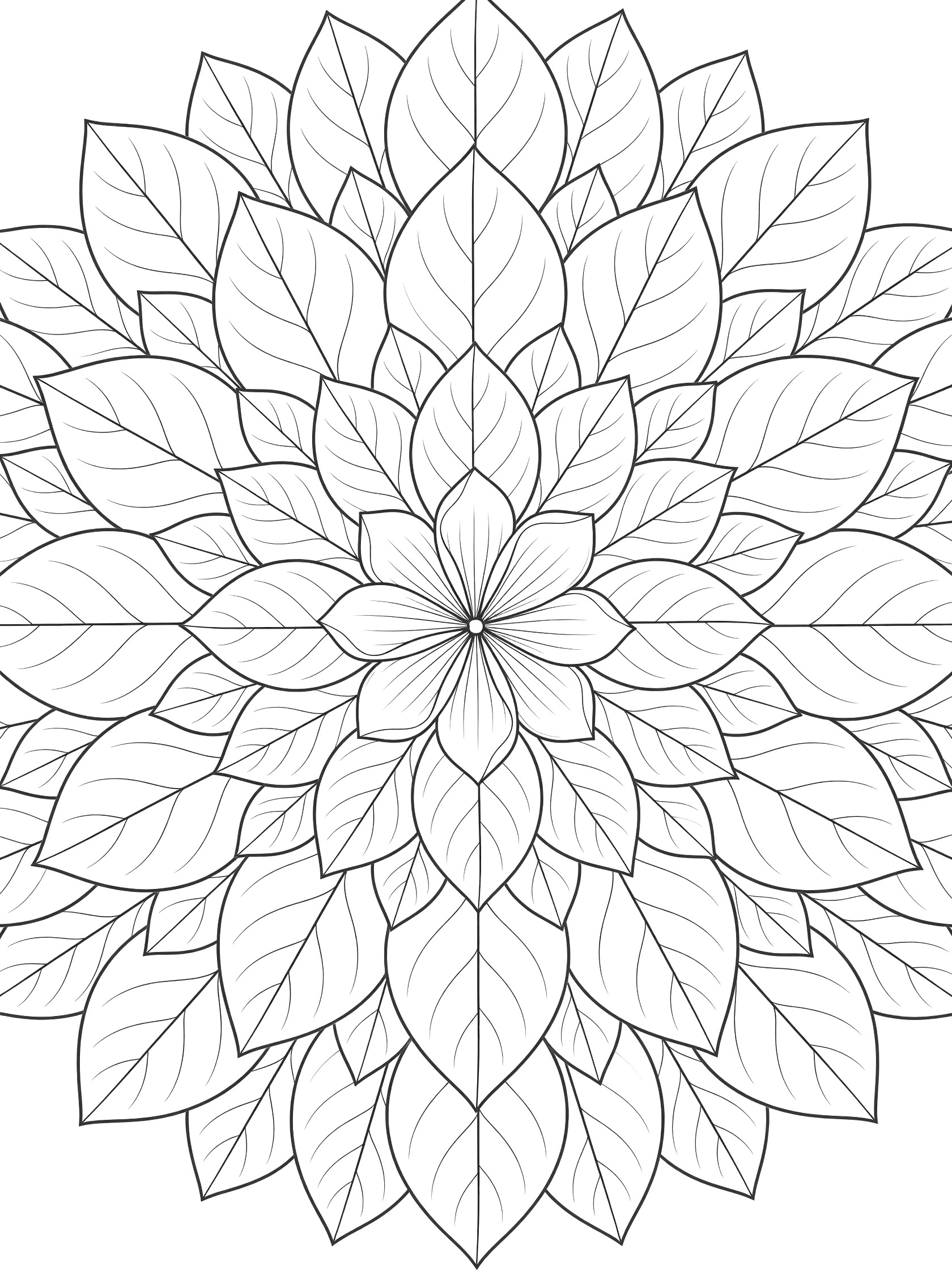 Black and white line art coloring page showing overlapping magnolia tree leaves in a circular mandala pattern around a central flower.