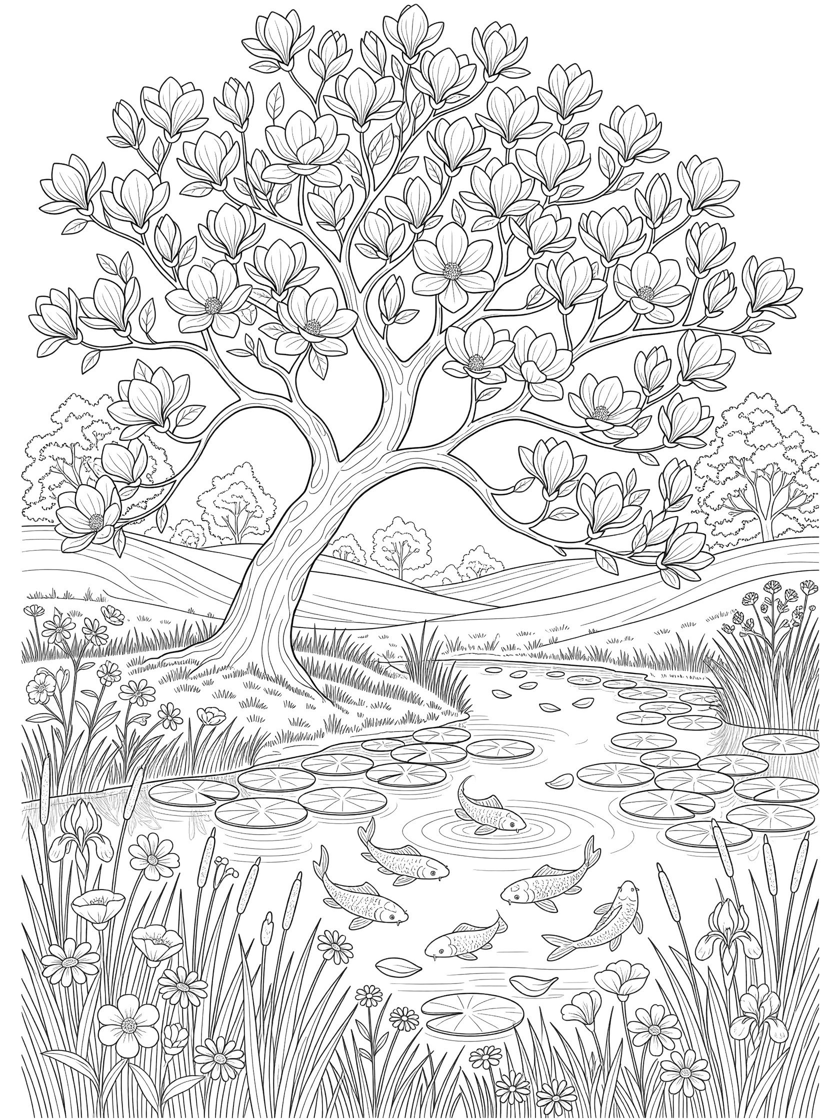 Black and white line art coloring page showing a large magnolia tree with big blossoms beside a pond, lily pads, swimming koi fish, reeds, wildflowers, and hills.