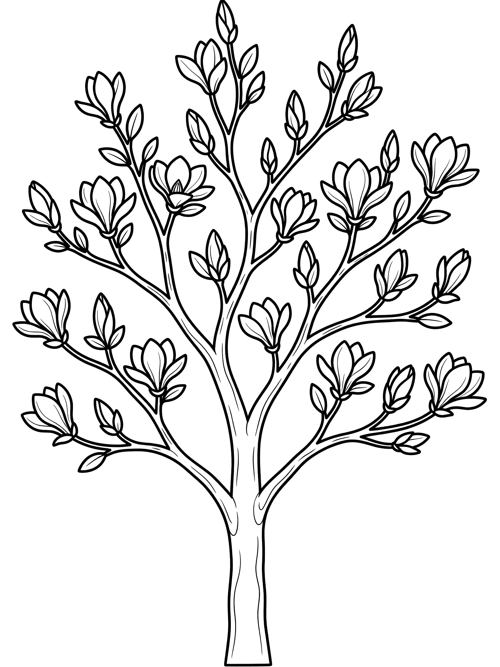Black and white line drawing of a magnolia tree with trunk, branches, swelling buds, emerging leaves, and open flowers