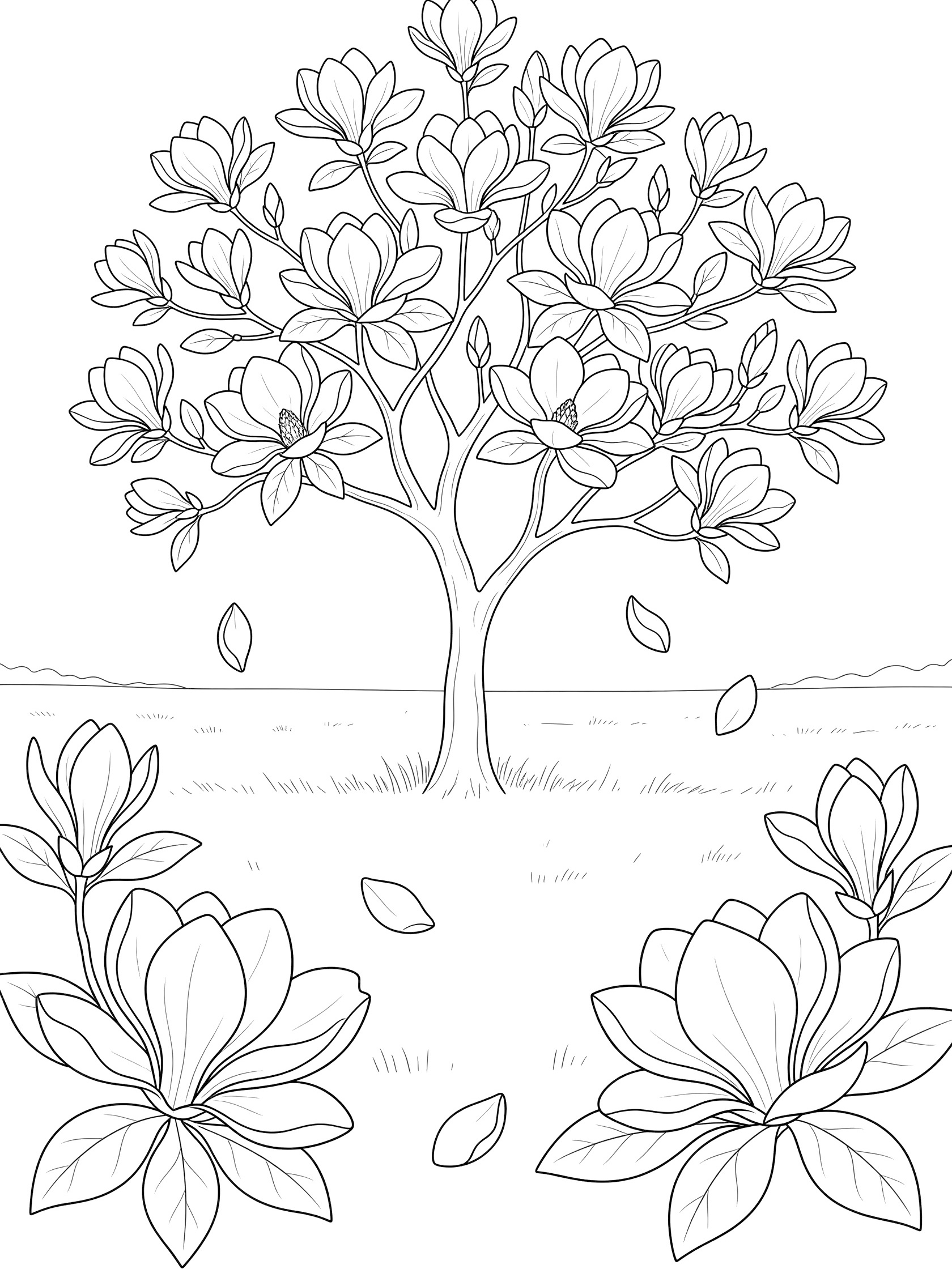 Black and white coloring page of a magnolia tree with large flowers, leaves, trunk, and petals falling in a field
