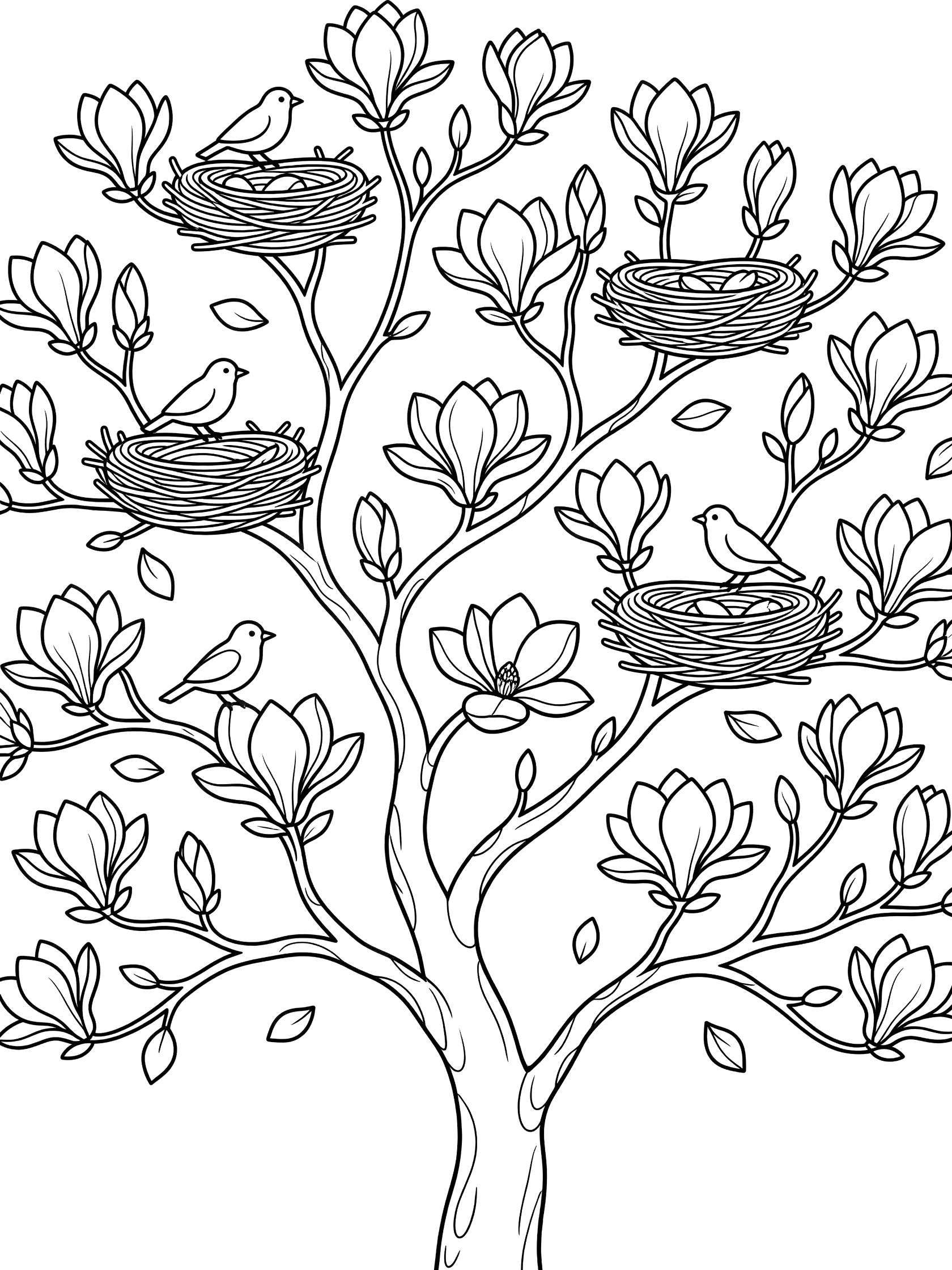 Black and white line art coloring page showing a tall magnolia tree full of large flowers, small birds perched on branches, and several nests tucked in the upper limbs with leaves and fallen petals.