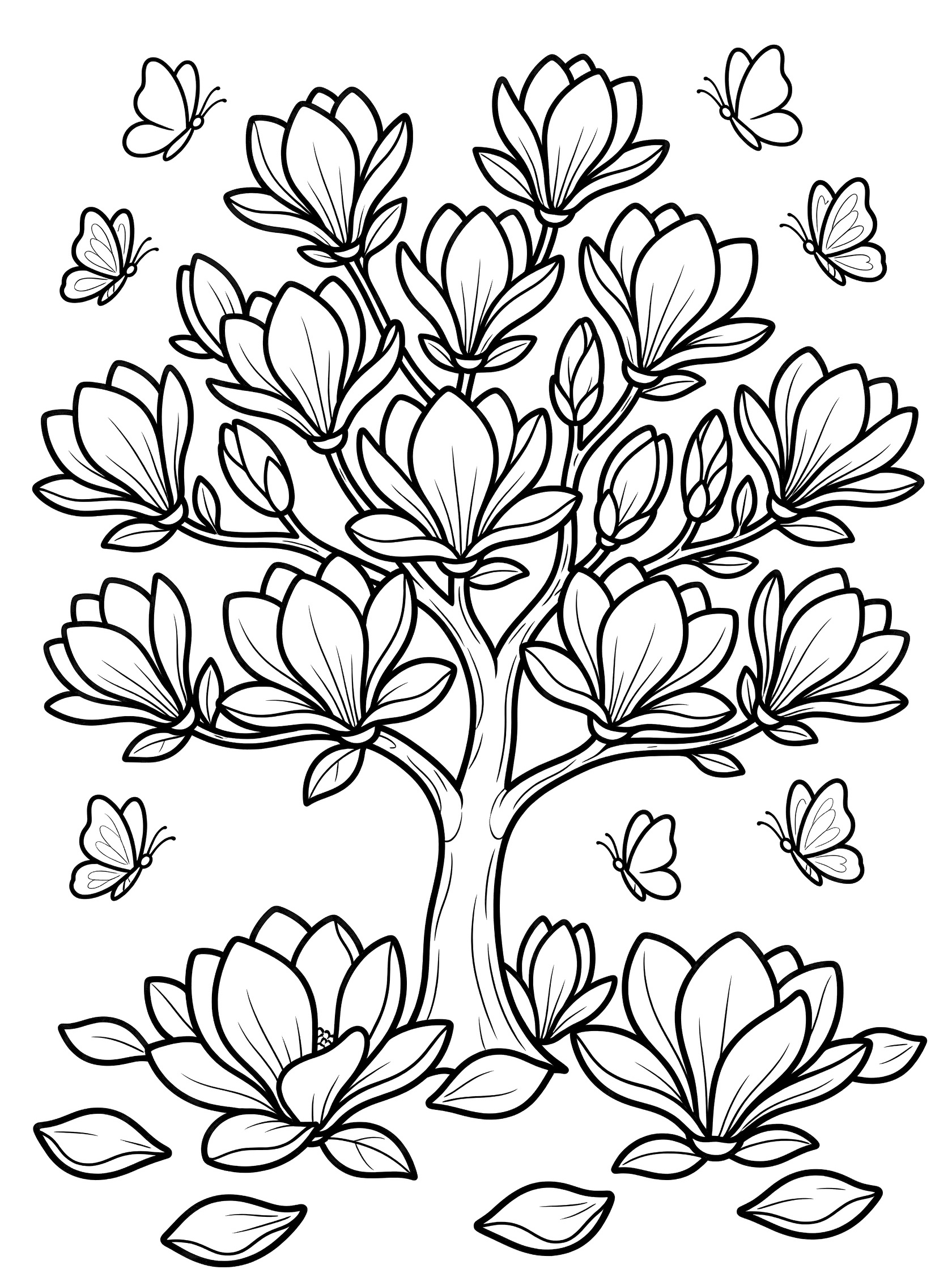 Black and white line drawing of a magnolia tree covered in large flowers, butterflies flying around branches and leaves, petals on the ground, coloring page for kids
