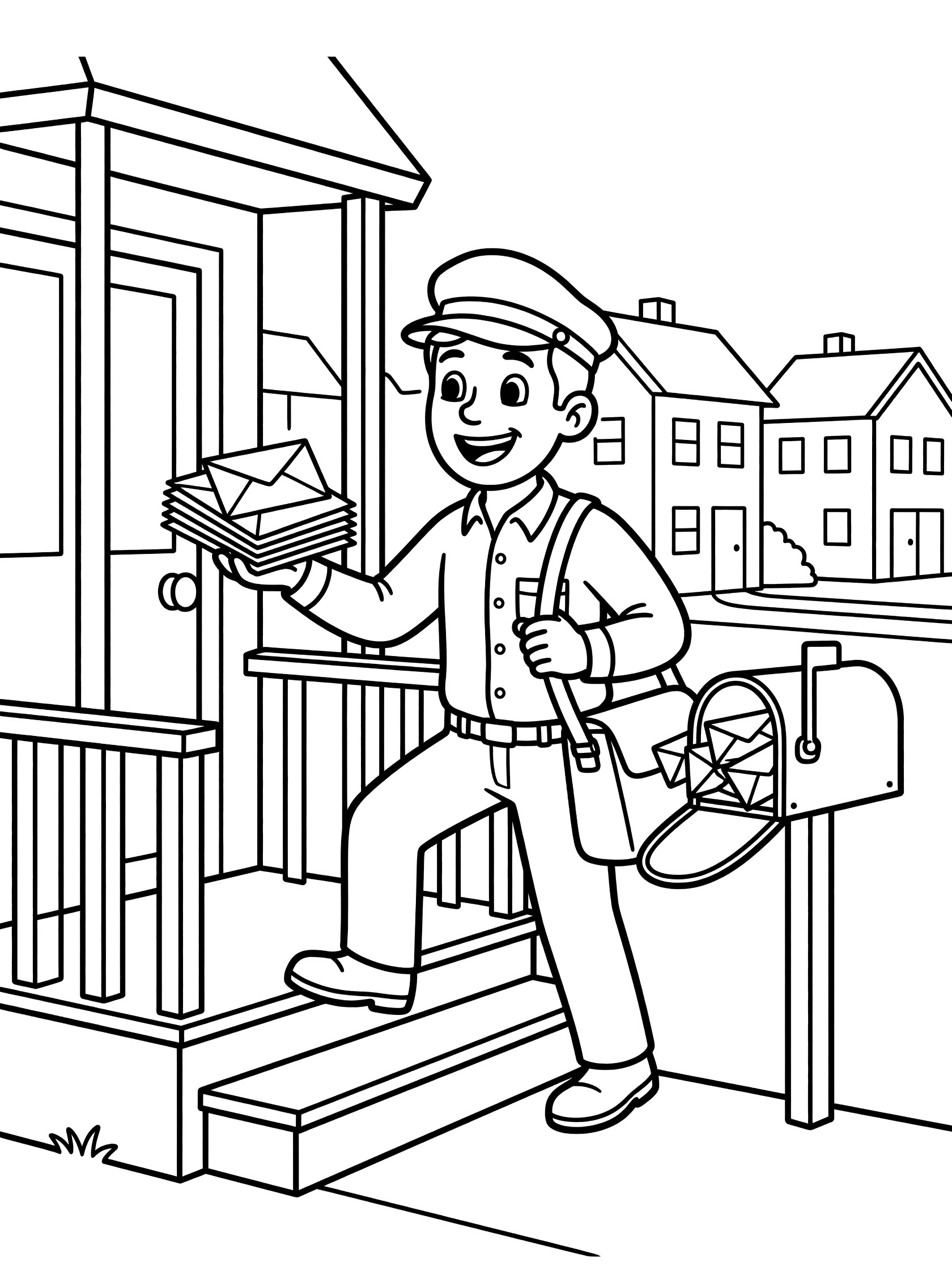 Black and white line art of a mail carrier holding stack of letters, walking up porch steps to house with open mailbox and background houses.