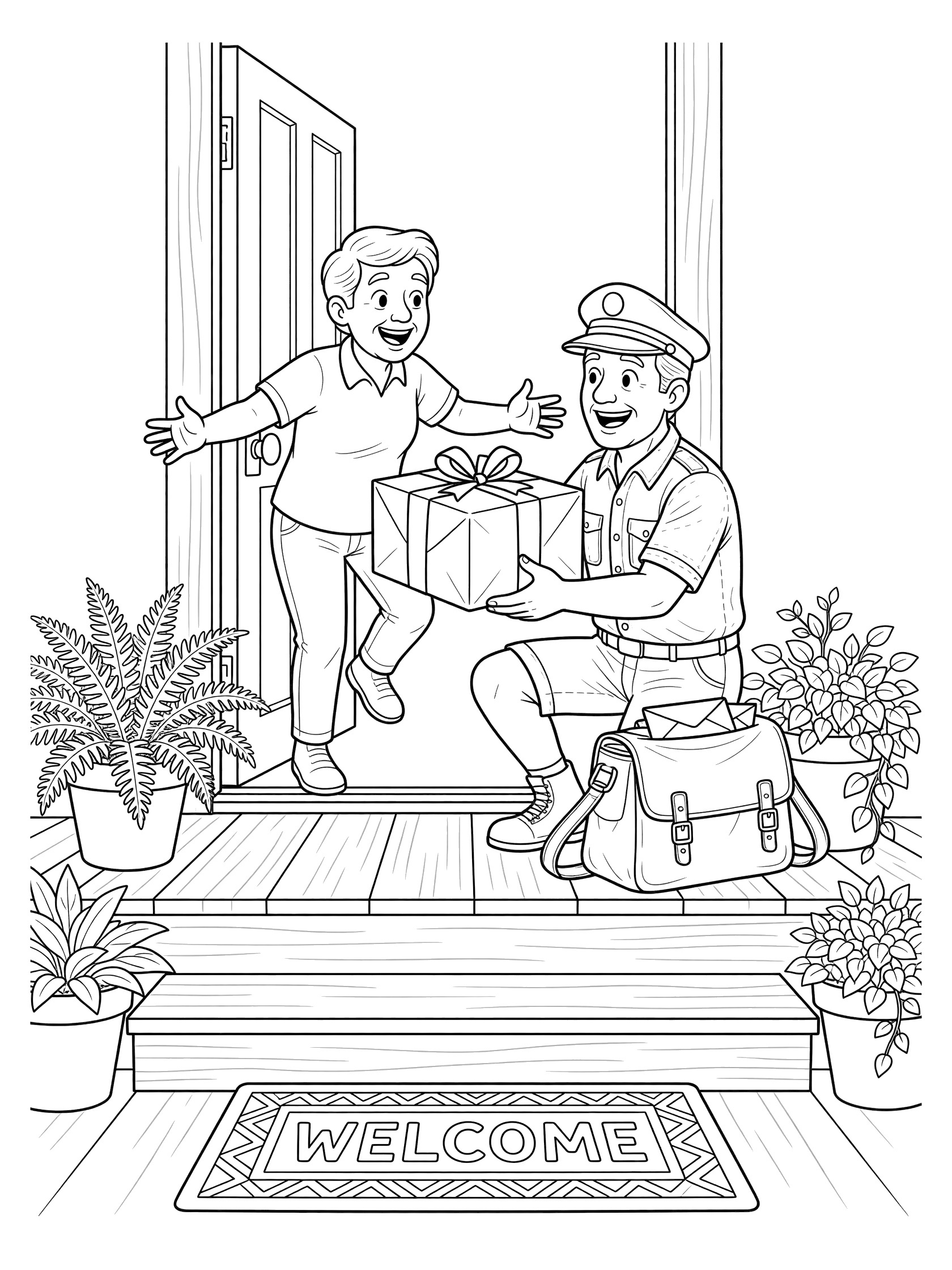 Black and white line art of a smiling mail carrier handing a large package to a happy customer at the doorstep, with mailbag, plants, and welcome mat