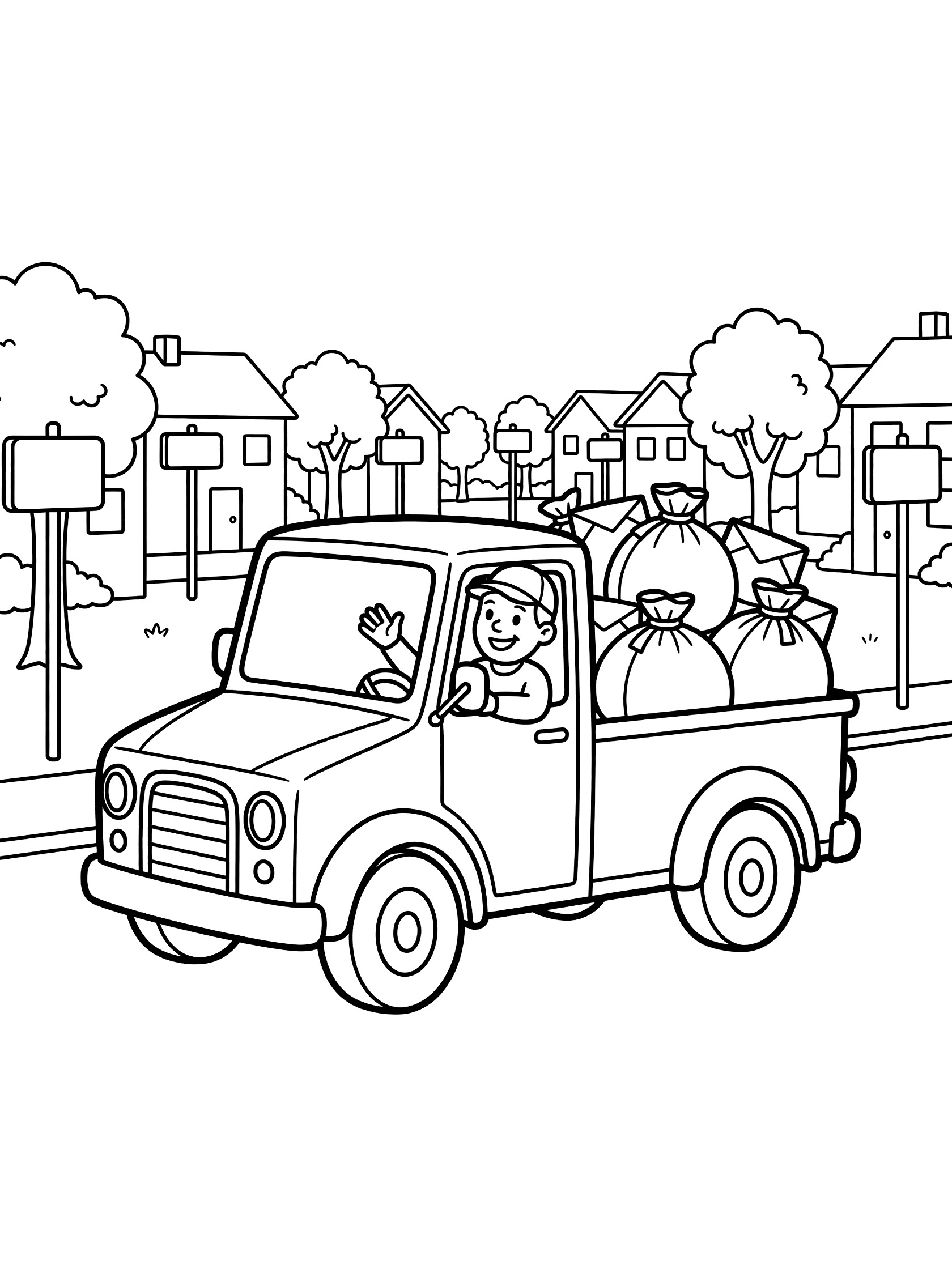 Black-and-white coloring page of a mail carrier driving a delivery truck down a neighborhood street, waving hello with mailbags in the back, houses and trees in the background.