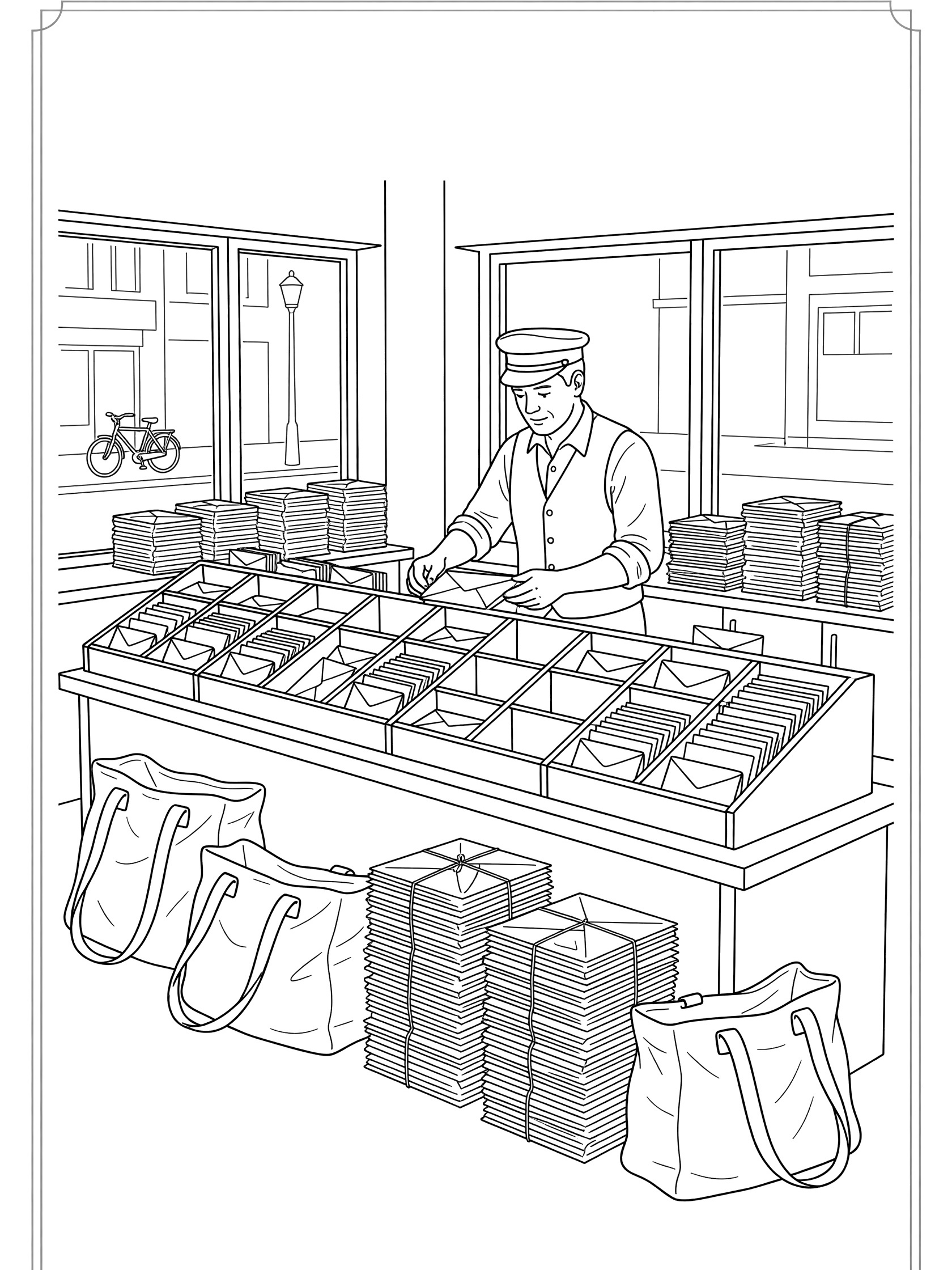 Black-and-white line art coloring page showing a mail carrier in uniform sorting mail into bins at the post office counter with mailbags and windows.