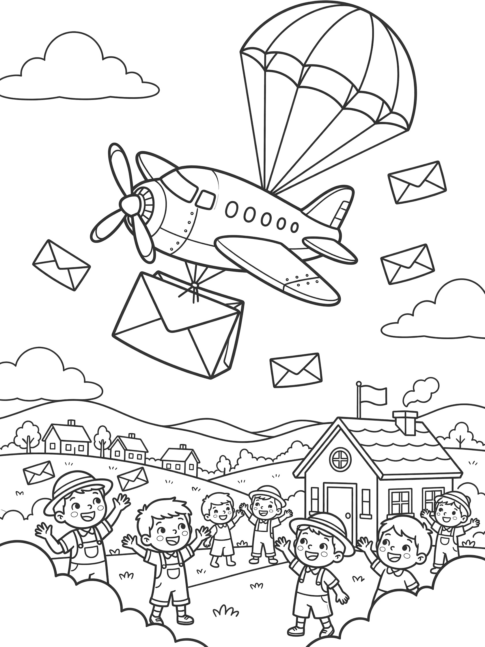 Doodle-style coloring page showing a cheerful mail plane tilting to drop a large canvas mailbag on a billowing parachute with fluttering envelopes, as children and villagers wave below near a cozy post office.