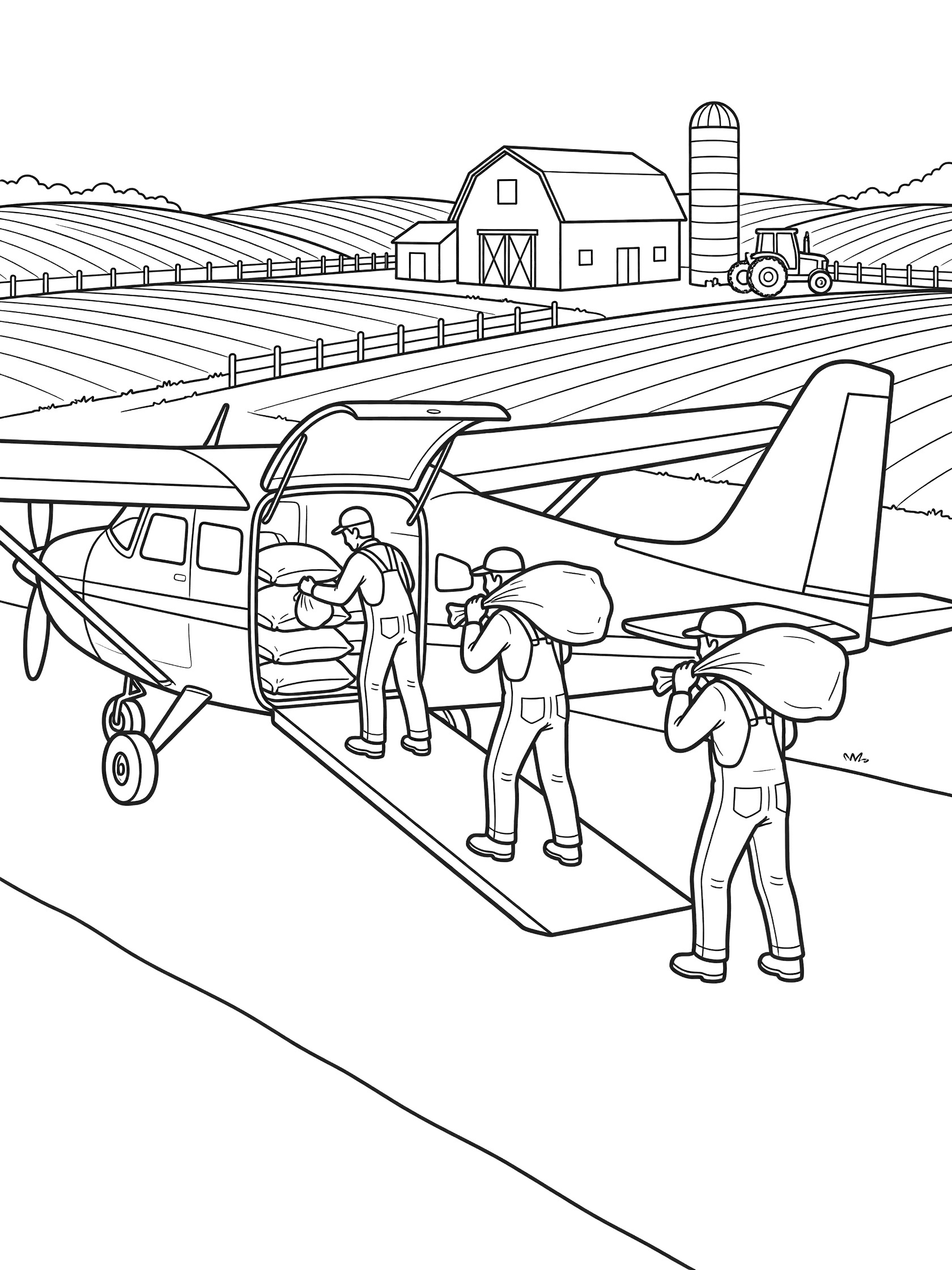 Black and white line art of a mail plane with open cargo door at a farm airstrip. Two workers carry mail sacks on shoulders up ramp, one stacks inside. Barn, silos, tractor, and fields in background.