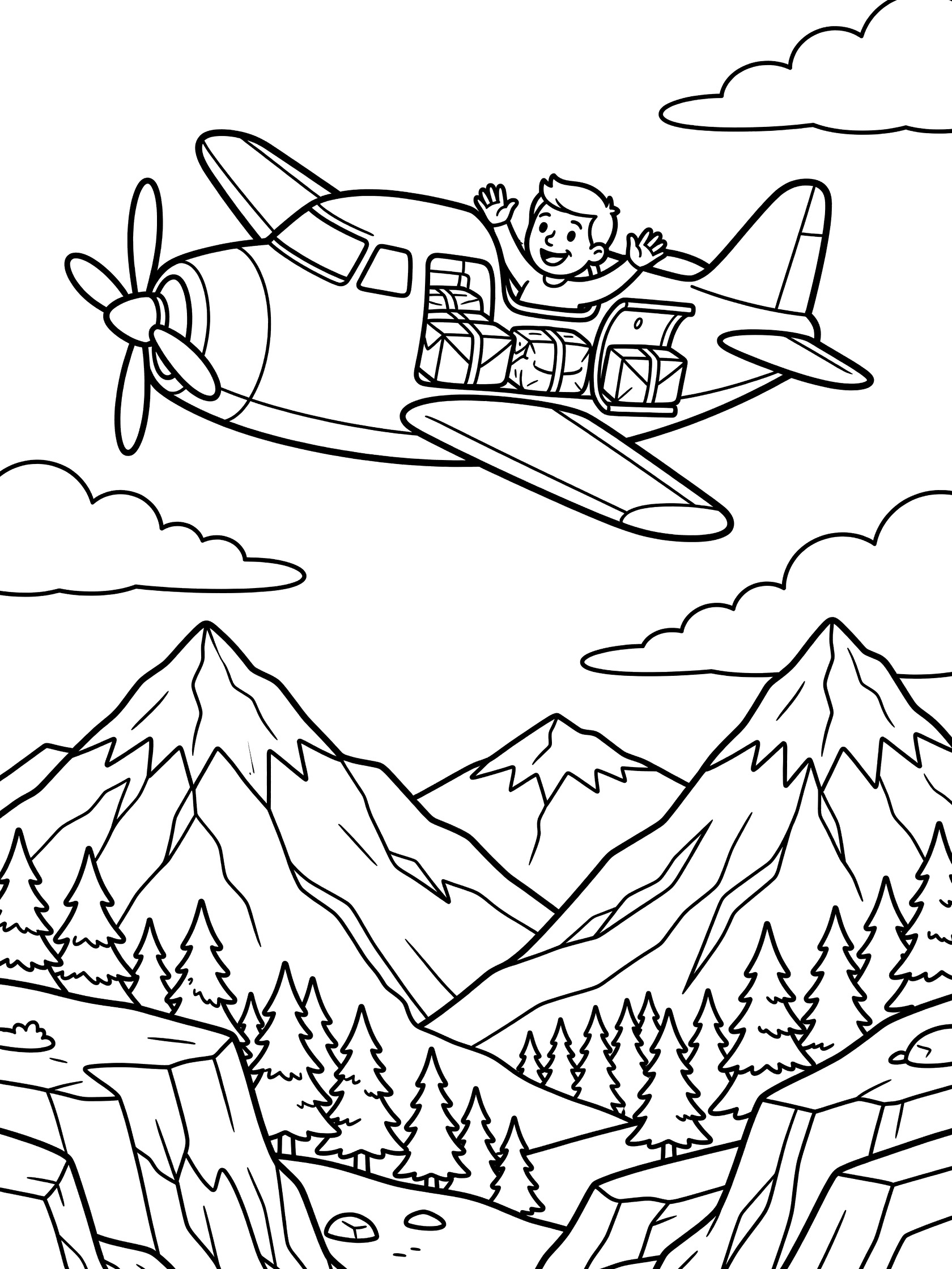 Line art coloring page showing a propeller mail plane soaring over rugged mountains with a happy pilot waving, fluffy clouds, pine trees, and rocky cliffs.