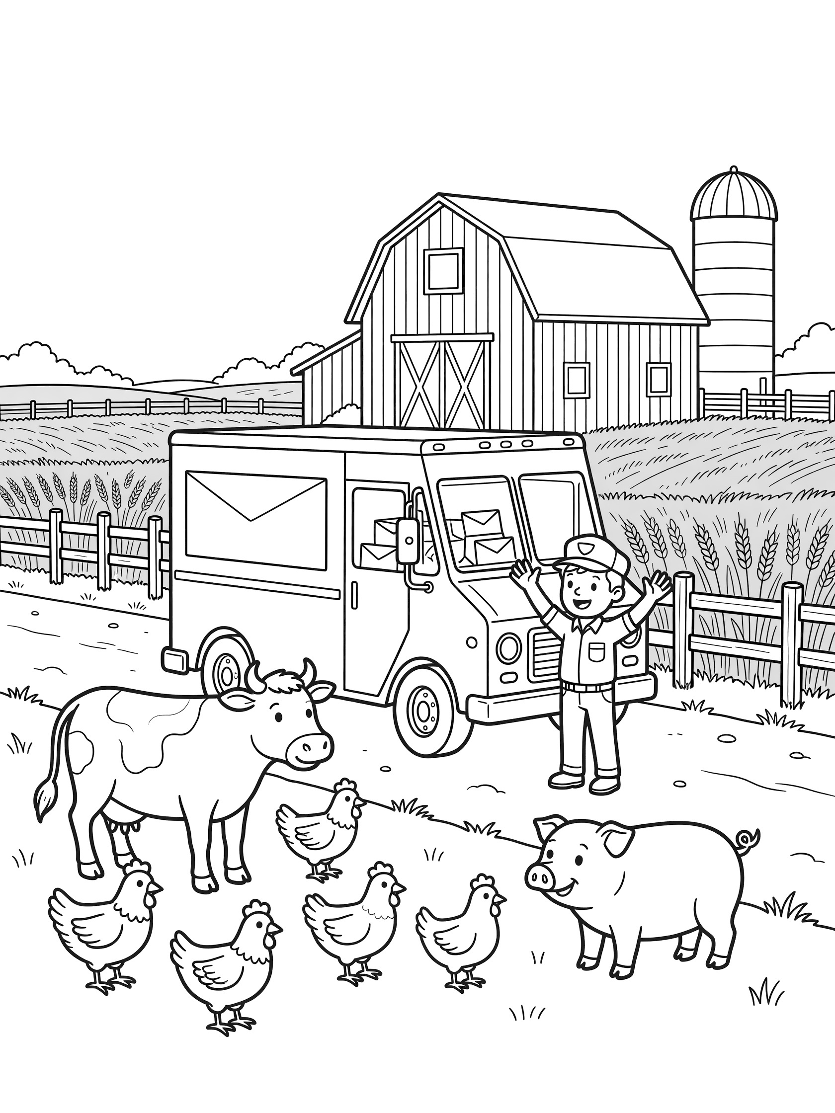 Black and white line art of a mail truck on a farm road with open back door, mail bags, smiling mail carrier waving, farm animals like cow pig and chickens, red barn, silo, and wheat fields.
