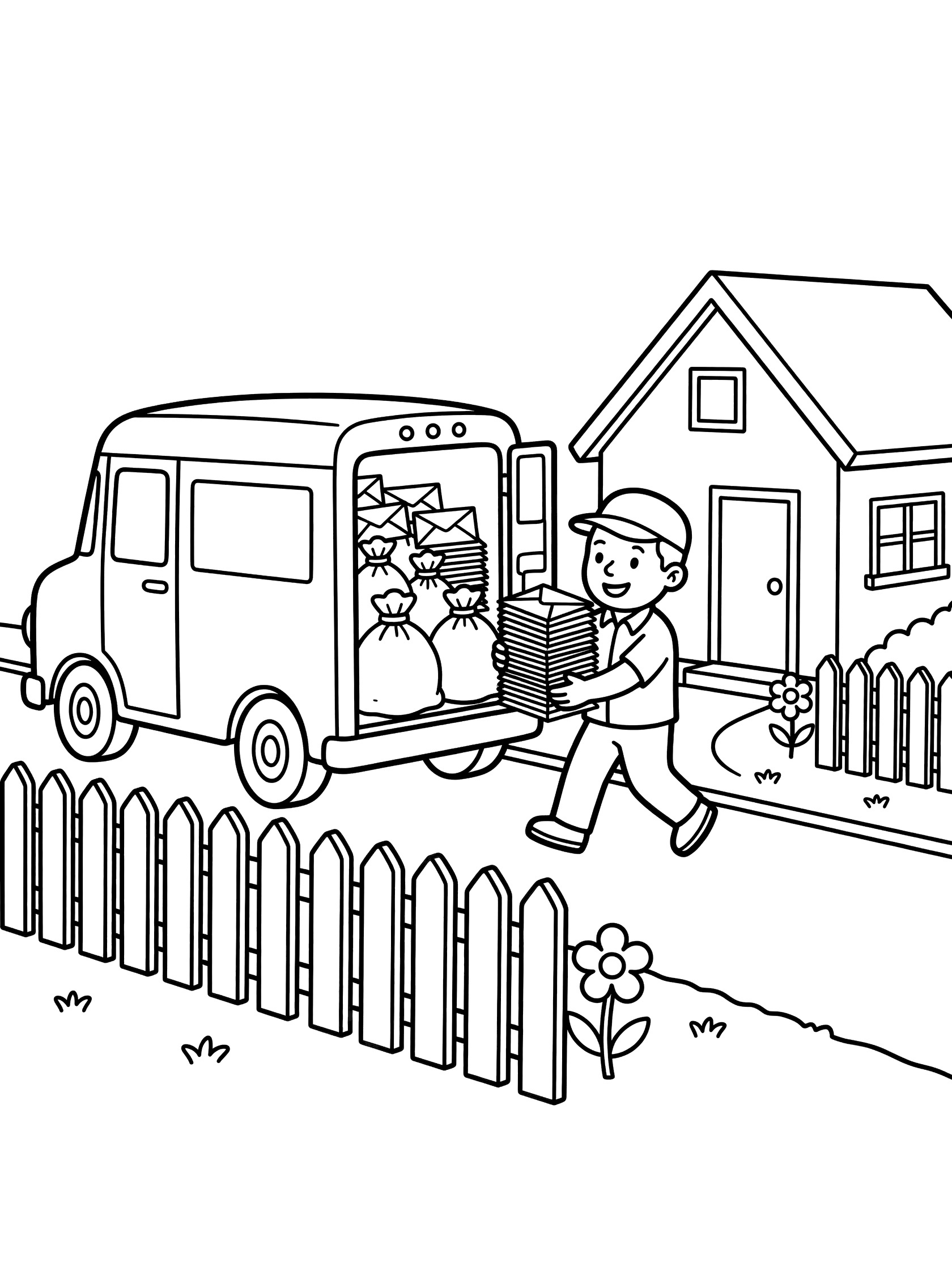 Cute cartoon coloring page of a mail truck delivering mail to a cozy house with a friendly mail carrier holding letters, open truck door with mail bags, picket fence and flowers.