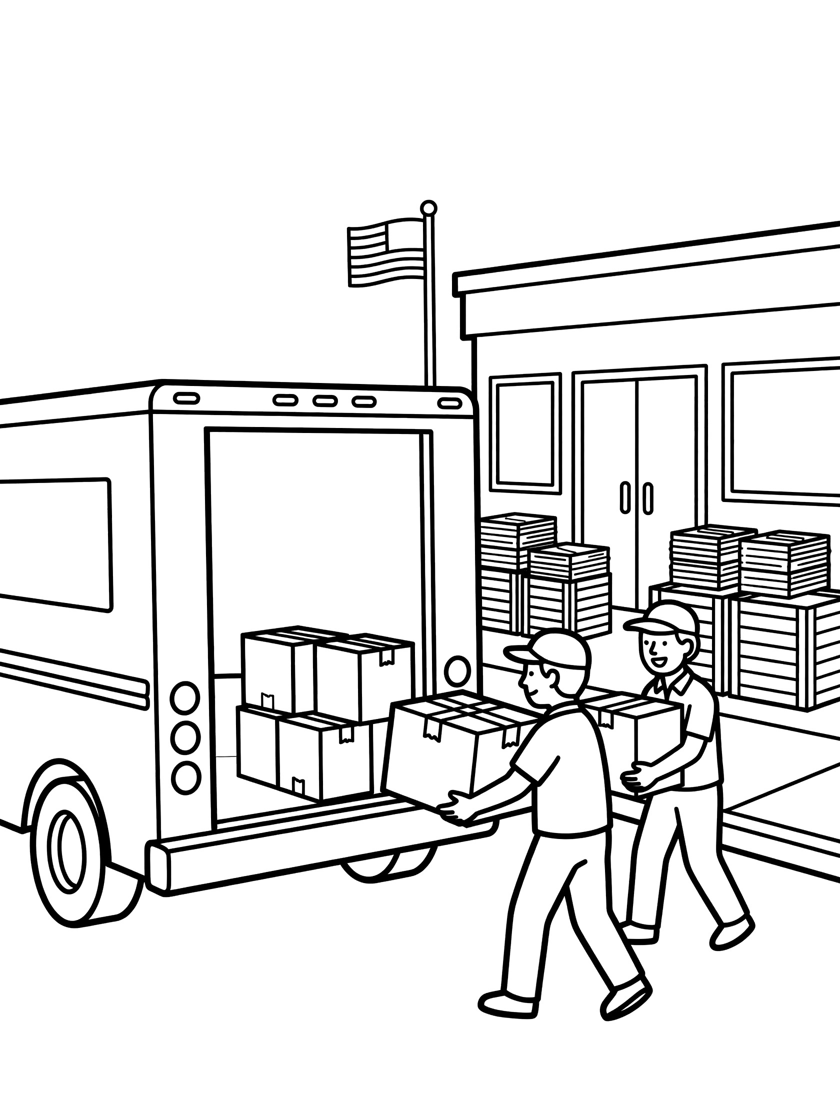 Line art coloring page showing a mail truck with open rear doors loading mail bags and boxes by two postal workers at a post office with American flag.
