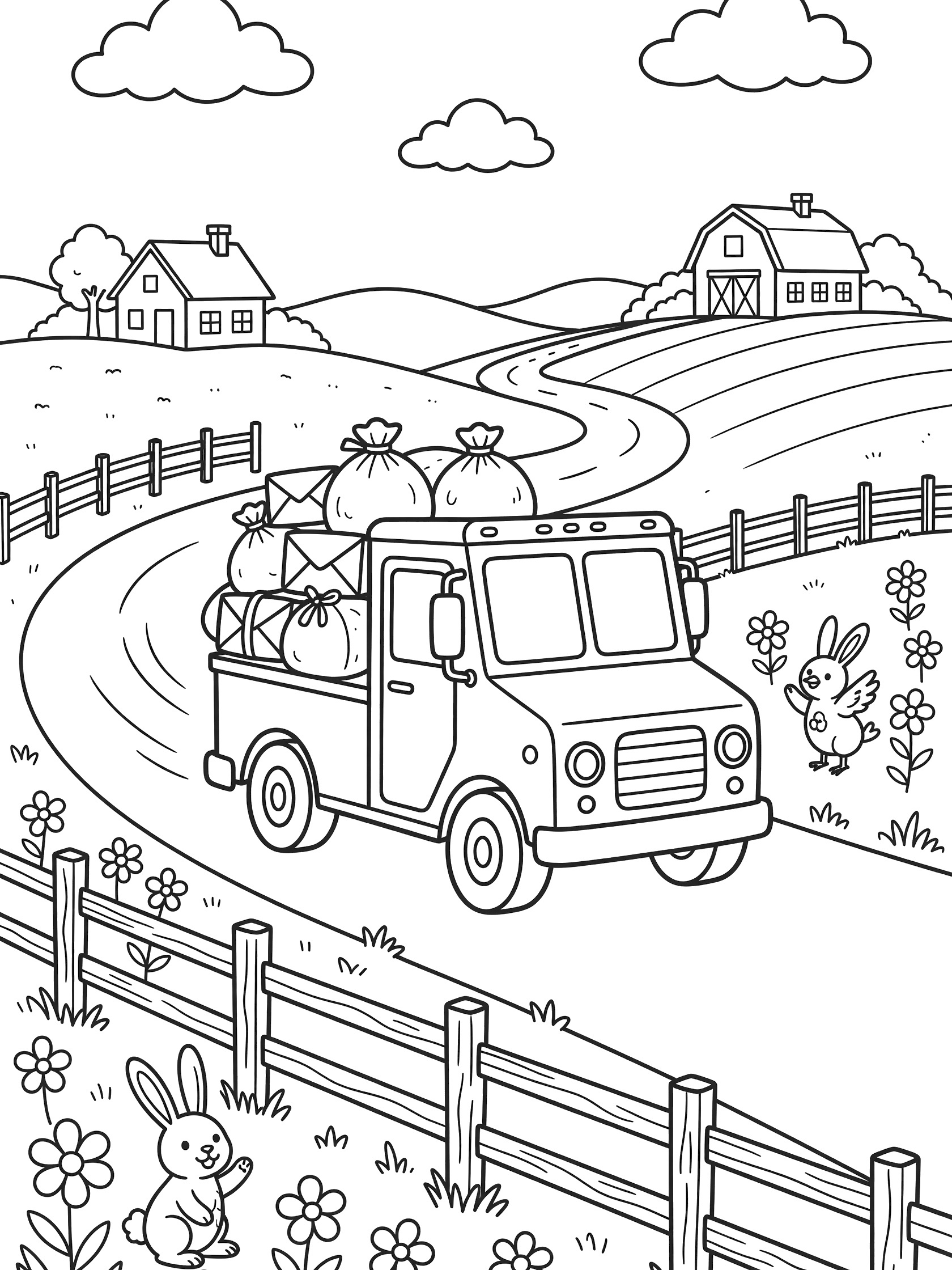 Printable coloring page showing a mail truck loaded with mail bags on a curvy country road, with waving bunny and bird near flowers, split-rail fence, and background farmhouse and barn under clouds