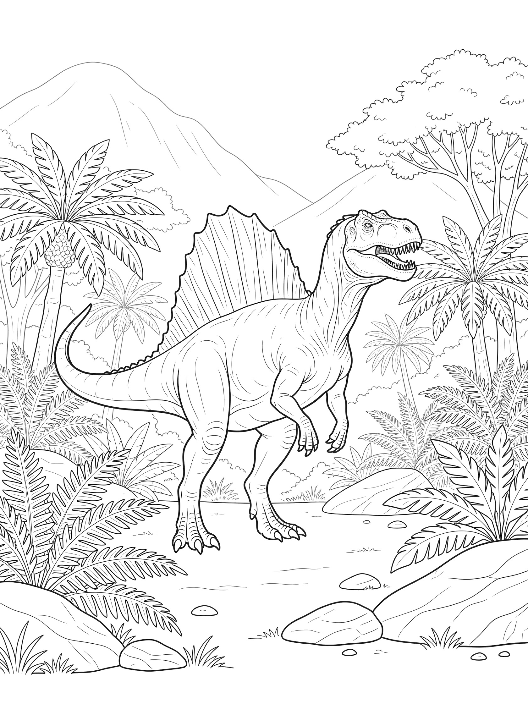 Black-and-white coloring page of a majestic Acrocanthosaurus dinosaur standing tall on hind legs amid prehistoric ferns, palm trees, rocks, and misty hills.