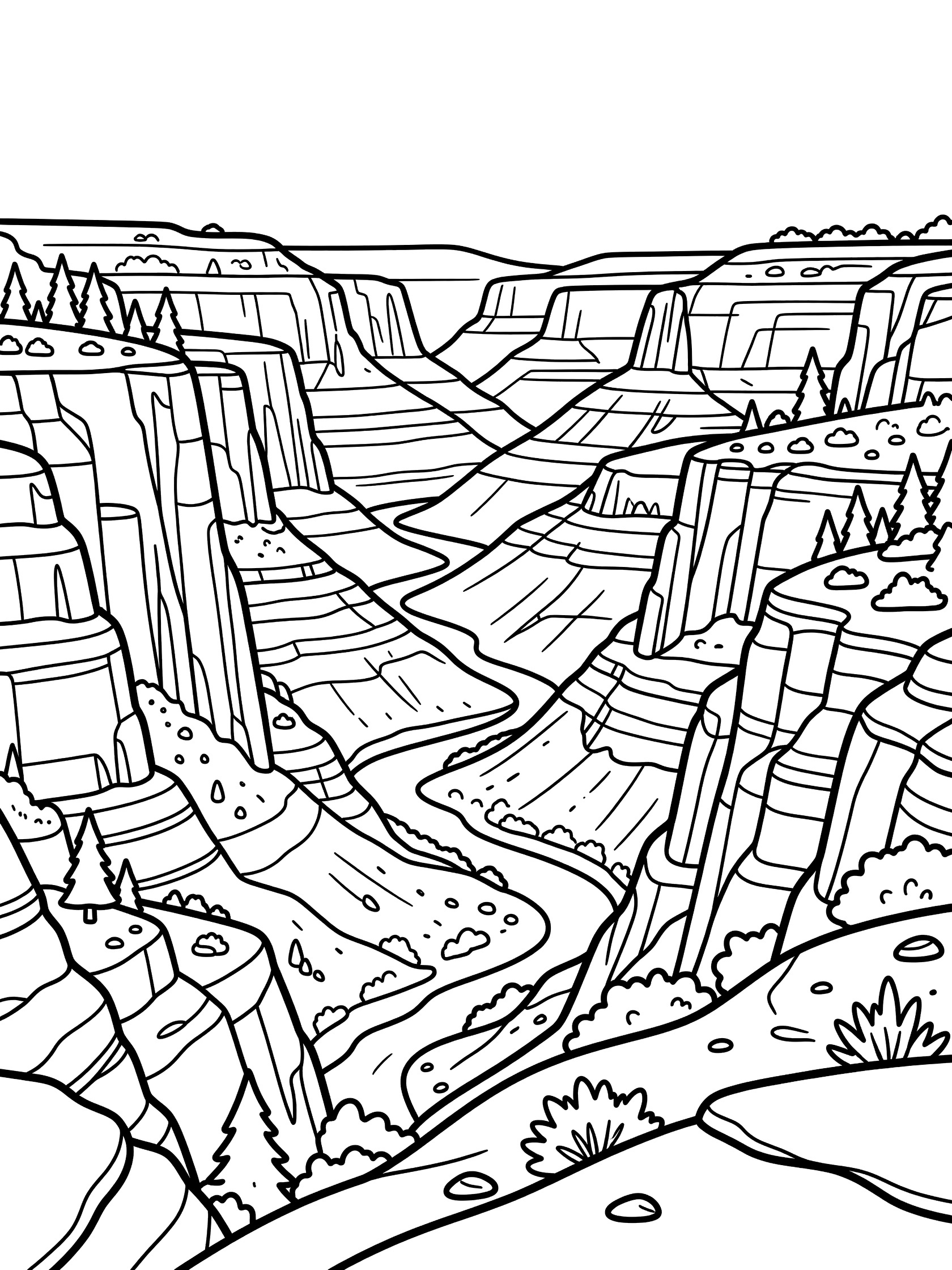 Black and white line art coloring page showing a deep canyon landscape with steep layered cliffs, winding river in the valley, pine trees on rims, bushes, grass, and rocks. Copper Canyon themed black and white printable line art