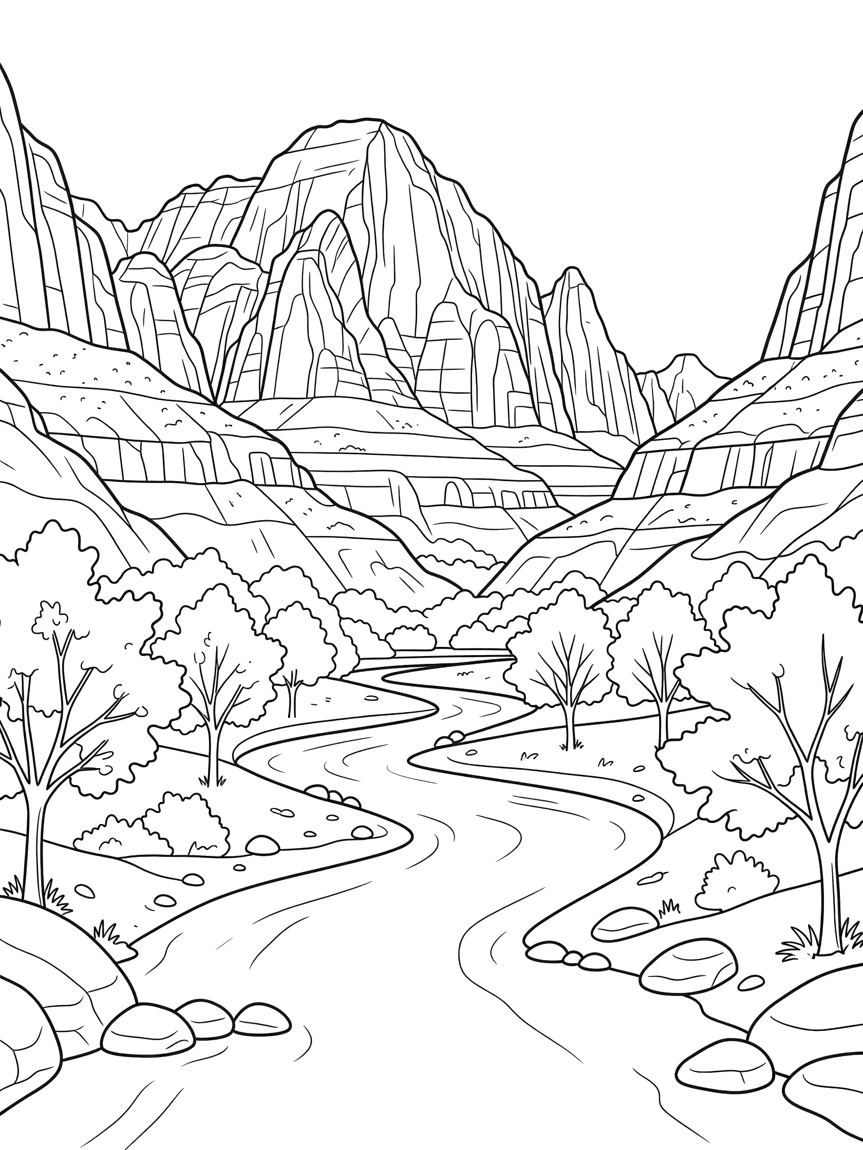 Black and white line art of a deep canyon landscape with layered rock cliffs, a curving river through the valley, trees along the banks, and scattered rocks. Zion Canyon themed black and white printable line art