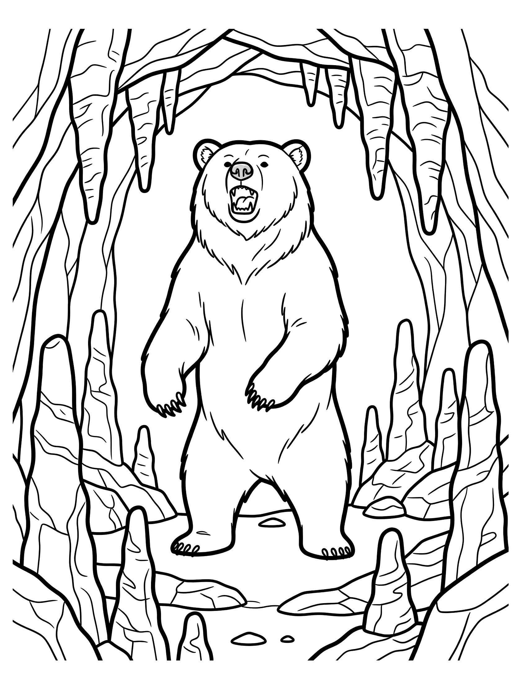 Black and white coloring page of a cave bear rearing up with mouth open in a rocky cave entrance surrounded by stalactites and stalagmites.