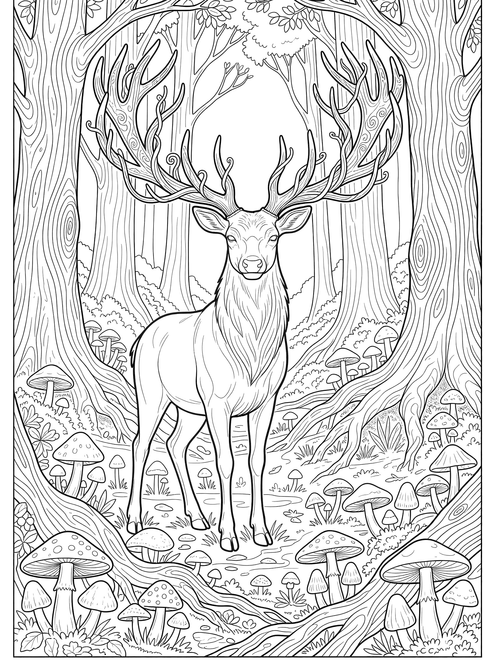 Black and white line art coloring page of a majestic stag deer with large branching antlers in a forest with trees and mushrooms.