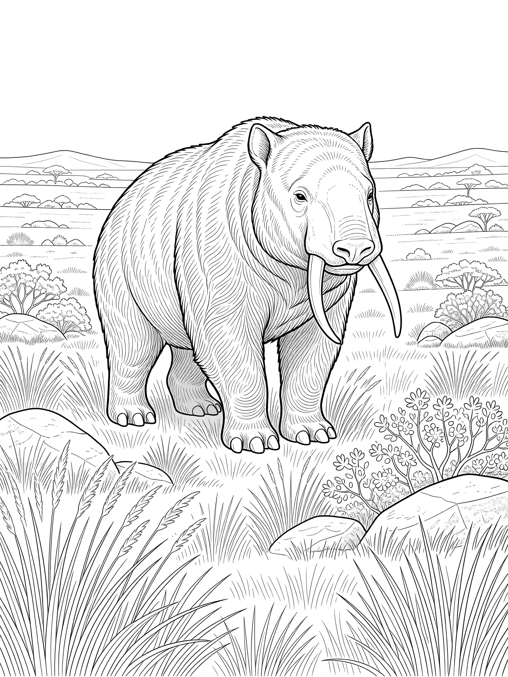 Black-and-white coloring page of a majestic Diprotodon with curved tusks and shaggy fur standing tall on grassy plains surrounded by boulders, shrubs, distant hills, and sparse trees.