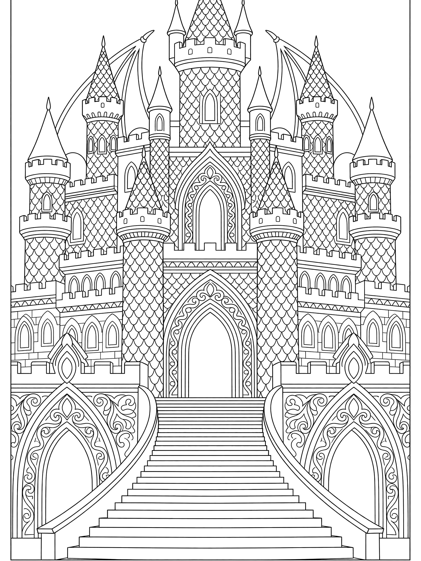 Black and white coloring page of a tall castle with dragon wings on towers, pointed spires, grand arched entrance, wide staircase, and intricate patterned walls.