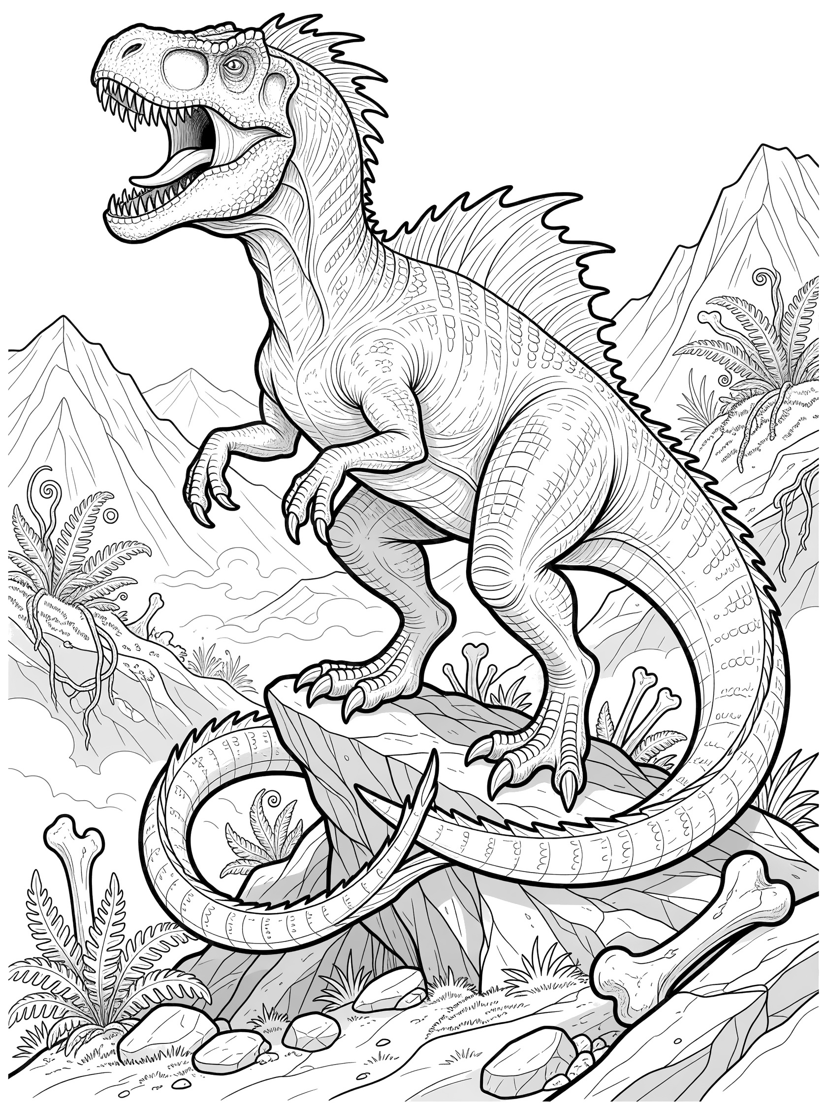 Black and white coloring page of a Giganotosaurus dinosaur roaring triumphantly on a rocky mountain with spiky sail, curved claws, ferns, bones, and valley background.
