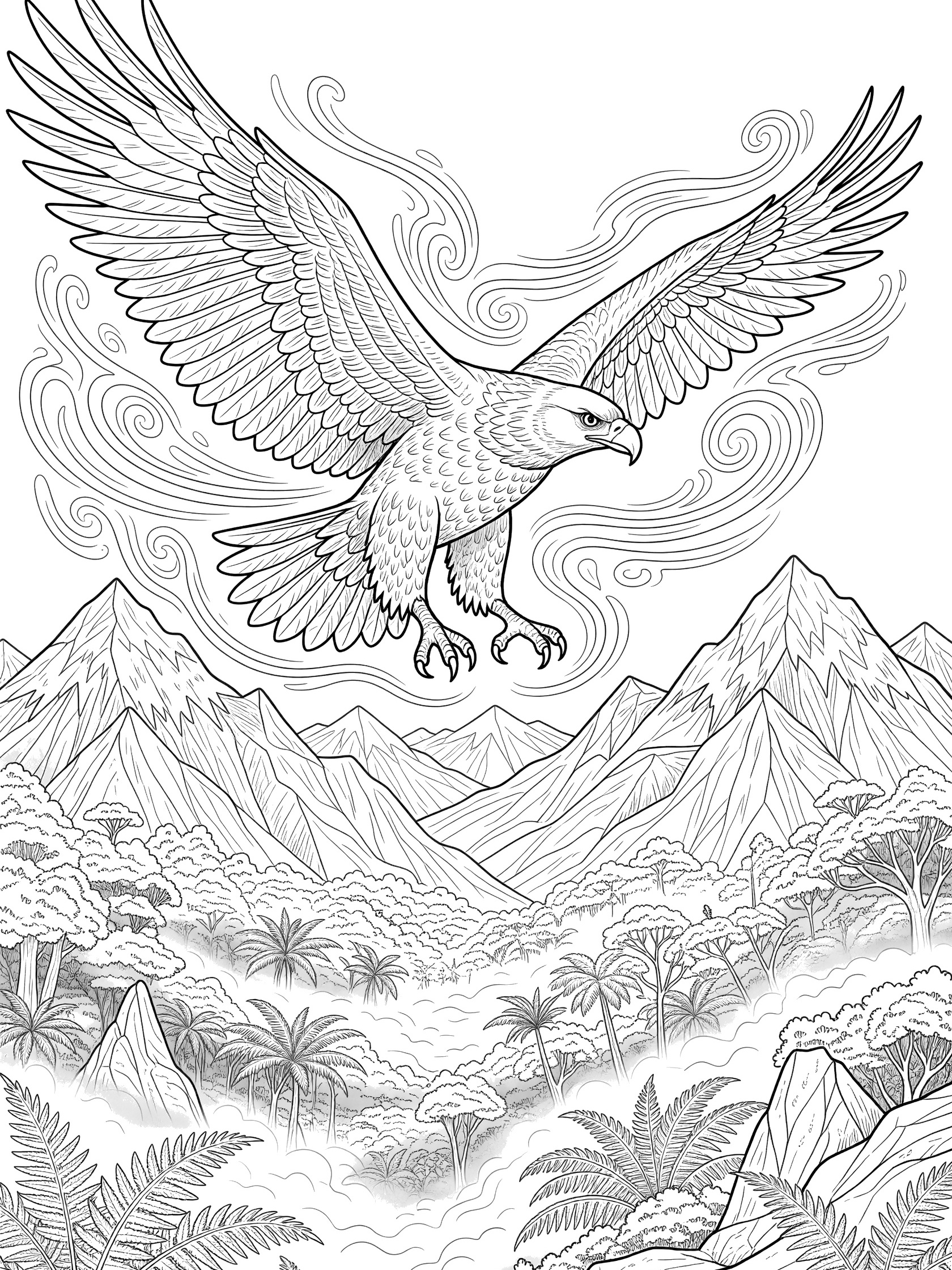 Black and white line art of a majestic Haast Eagle soaring with wings spread and talons out, flying over jagged snow-capped mountains, misty valleys, ancient forests with giant ferns, and rocky outcrops.