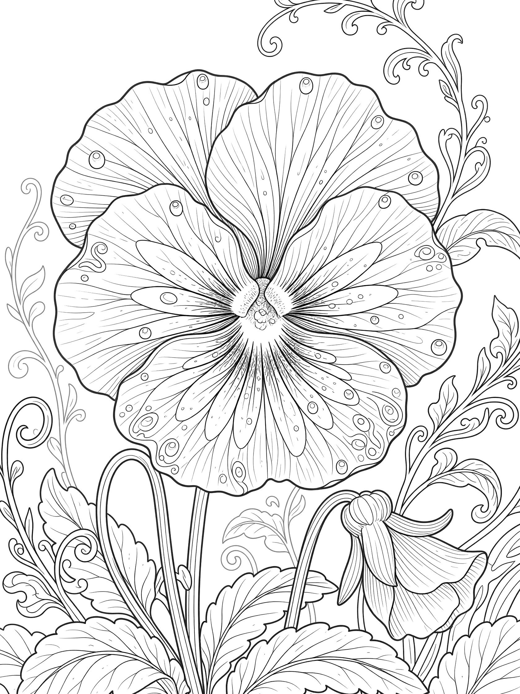Black and white line art of a majestic pansy flower in close-up, showing layered petals with veins, dewdrops, fuzzy center, stems, curling leaves, and a small bud, all on white background.