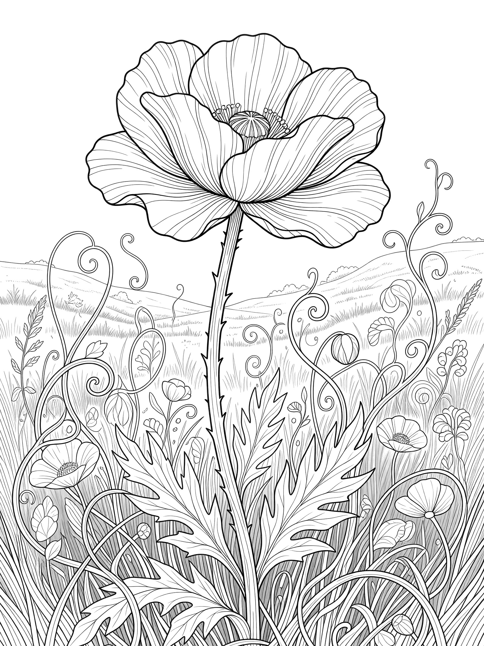 Line art coloring page of a large majestic poppy flower silhouette with thorny stem, veined leaves, small buds, and swirling wild grasses in a meadow scene.