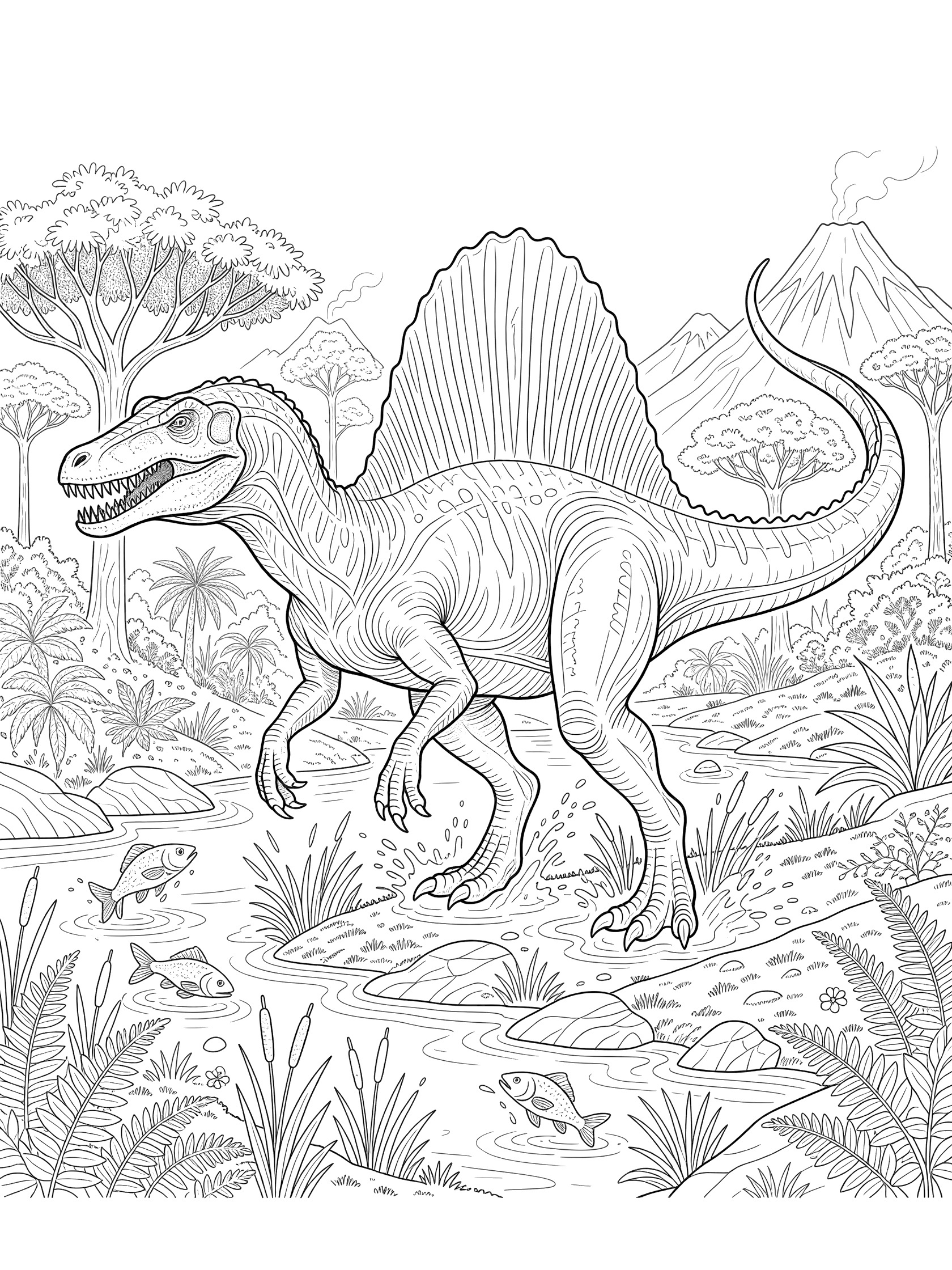 Black and white line art of a Spinosaurus dinosaur with sail back striding in shallow water amid ferns, reeds, rocks, leaping fish, cycad trees, and volcano peaks.