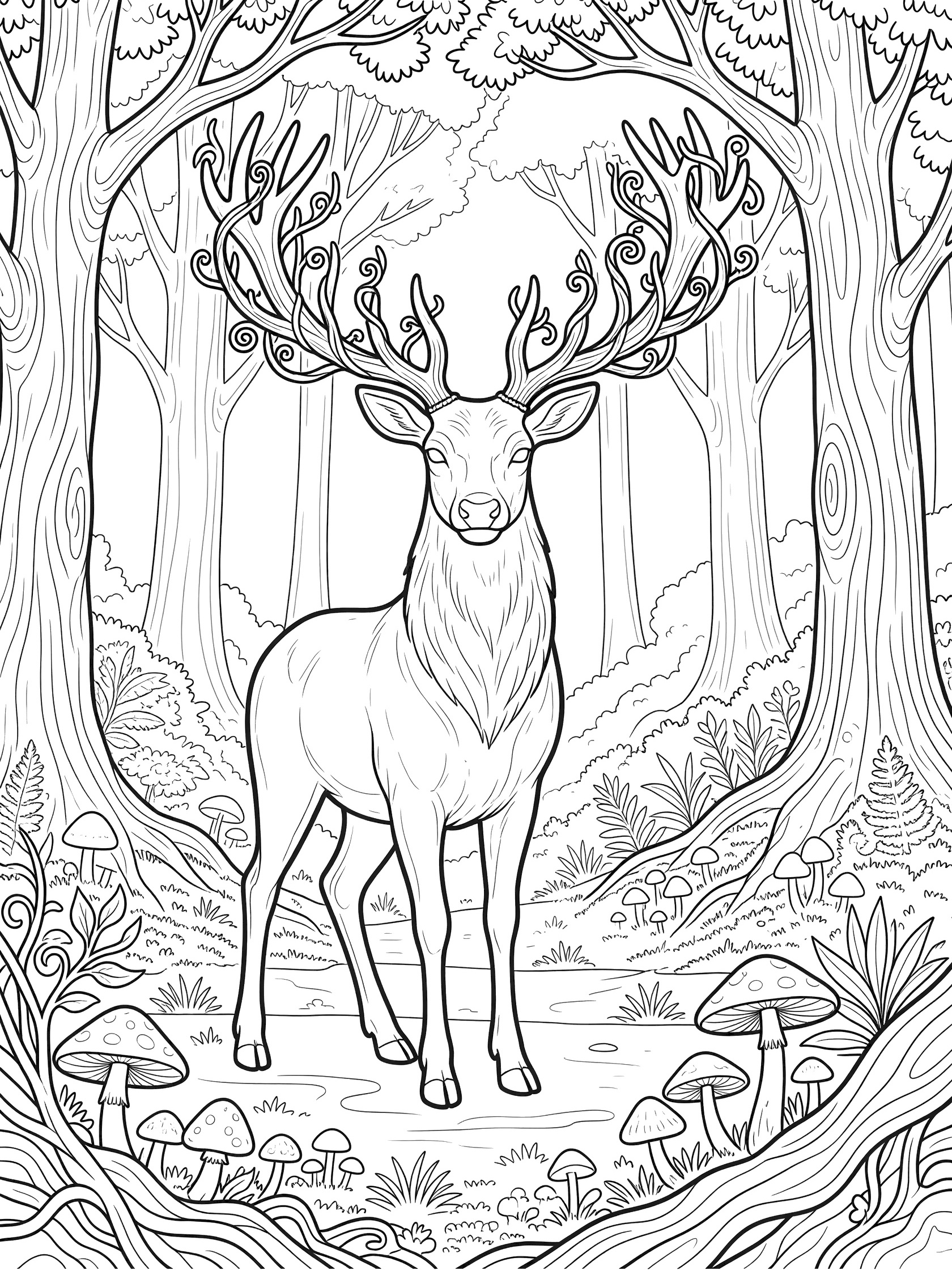 Black and white line art coloring page showing a proud stag deer with big twisty antlers wrapped in vines, standing in a forest with tall trees, mushrooms, ferns, and ground details.