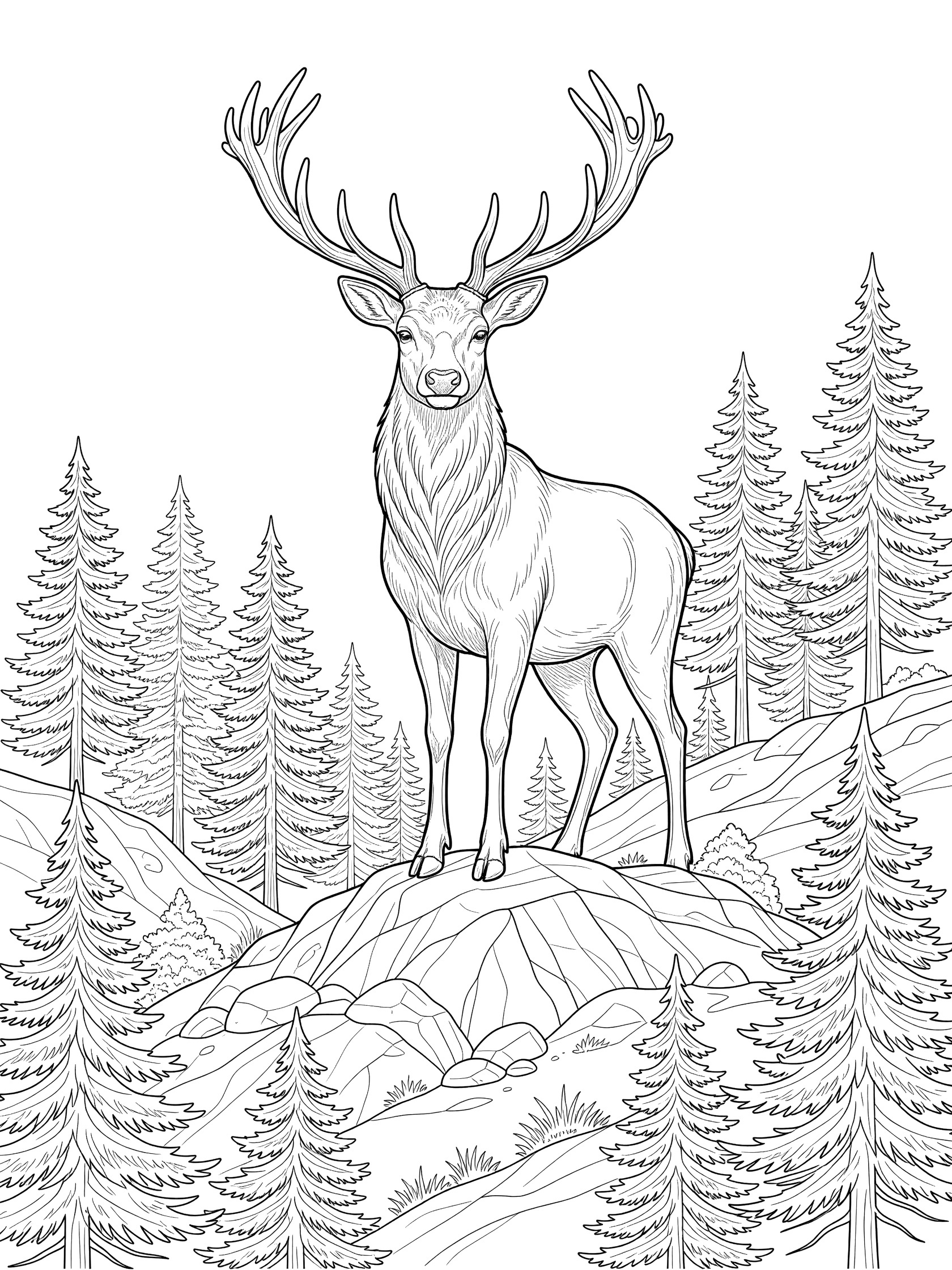 Black and white coloring page of a stag deer with large antlers on a rocky hill amid pine trees and rocks