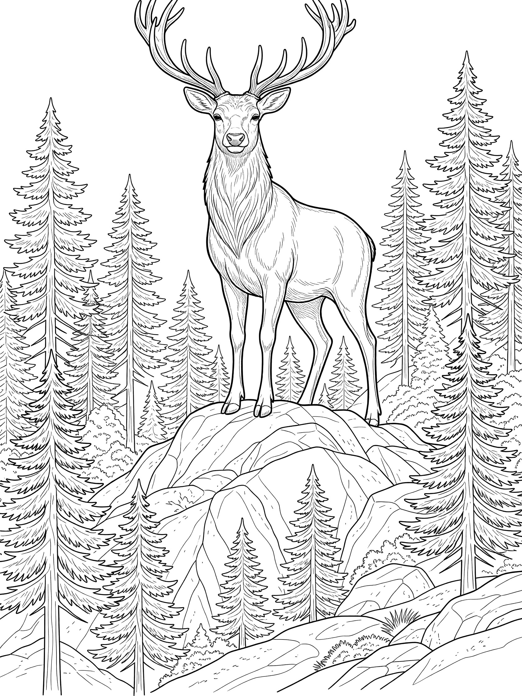 Black and white coloring page of a stag deer with large antlers standing on a rocky outcrop amid pine trees