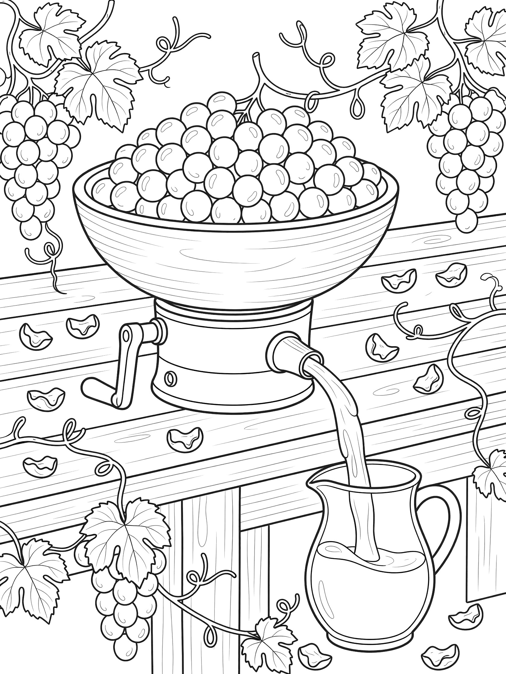 Line art coloring page showing a bowl full of grapes above a wooden hand-crank juicer on a counter, juice streaming into a pitcher, with curling vines and grape skins around the edges.