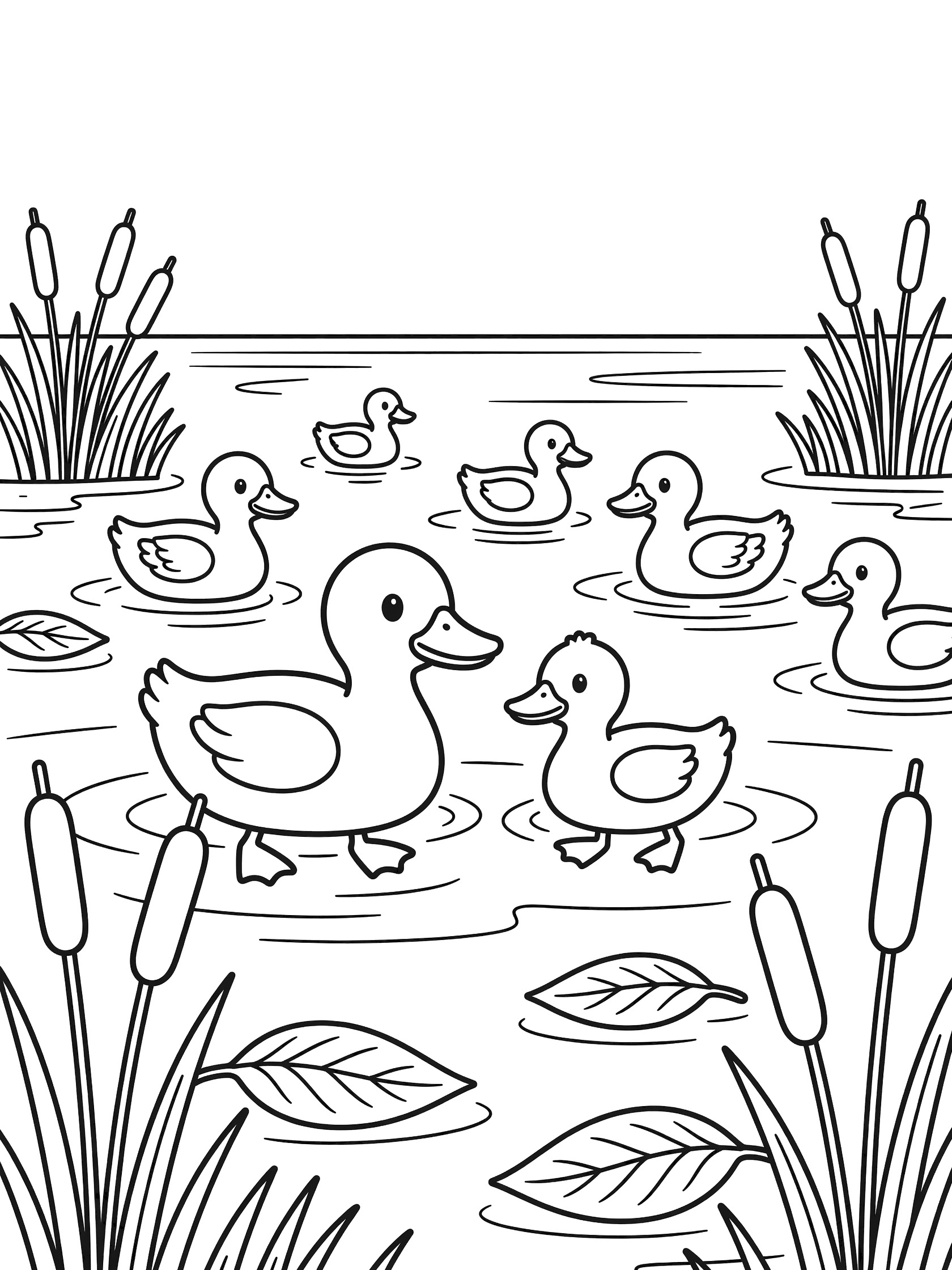 Black and white line art coloring page showing mama duck leading ducklings in a pond surrounded by cattails and floating leaves. The Great Lakes themed black and white printable line art