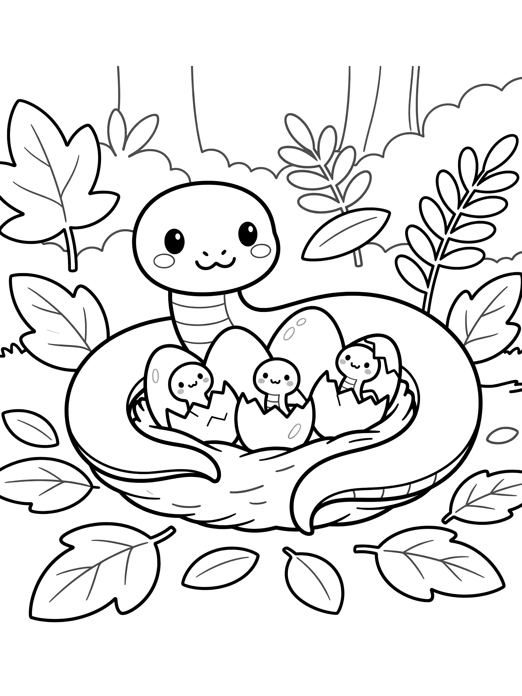 Black and white line art coloring page showing a kawaii mama snake with big eyes curled around a nest of eggs hatching into baby snakes, surrounded by simple leaves. Python themed black and white printable line art