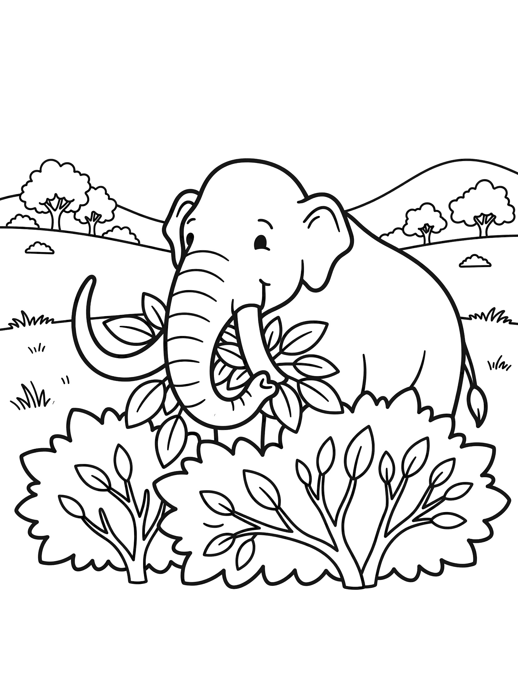 Printable coloring page showing a happy mammoth curled trunk around bush leaves, standing in a meadow with hills, trees, and grass in the background.